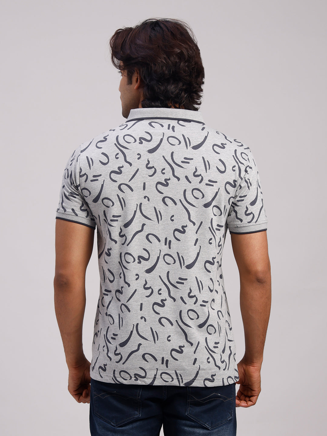 Classic Polo Men's Half Sleeve Grey/Black Polo Neck Slim Fit All-Over Print Cotton Blend T-Shirt | BELLO - 387 A SF P