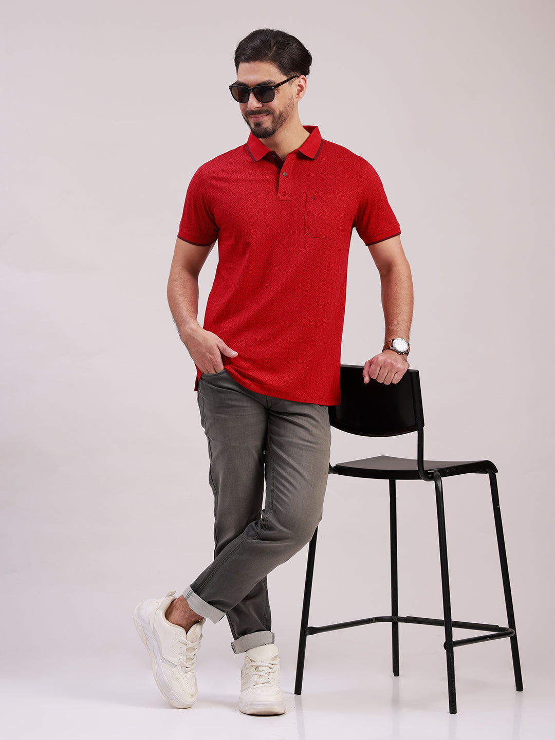 Classic Polo Men's Half Sleeve Red Polo Neck Slim Fit All-Over Print Cotton Blend T-Shirt | LTS-AOP - 125 A SF P