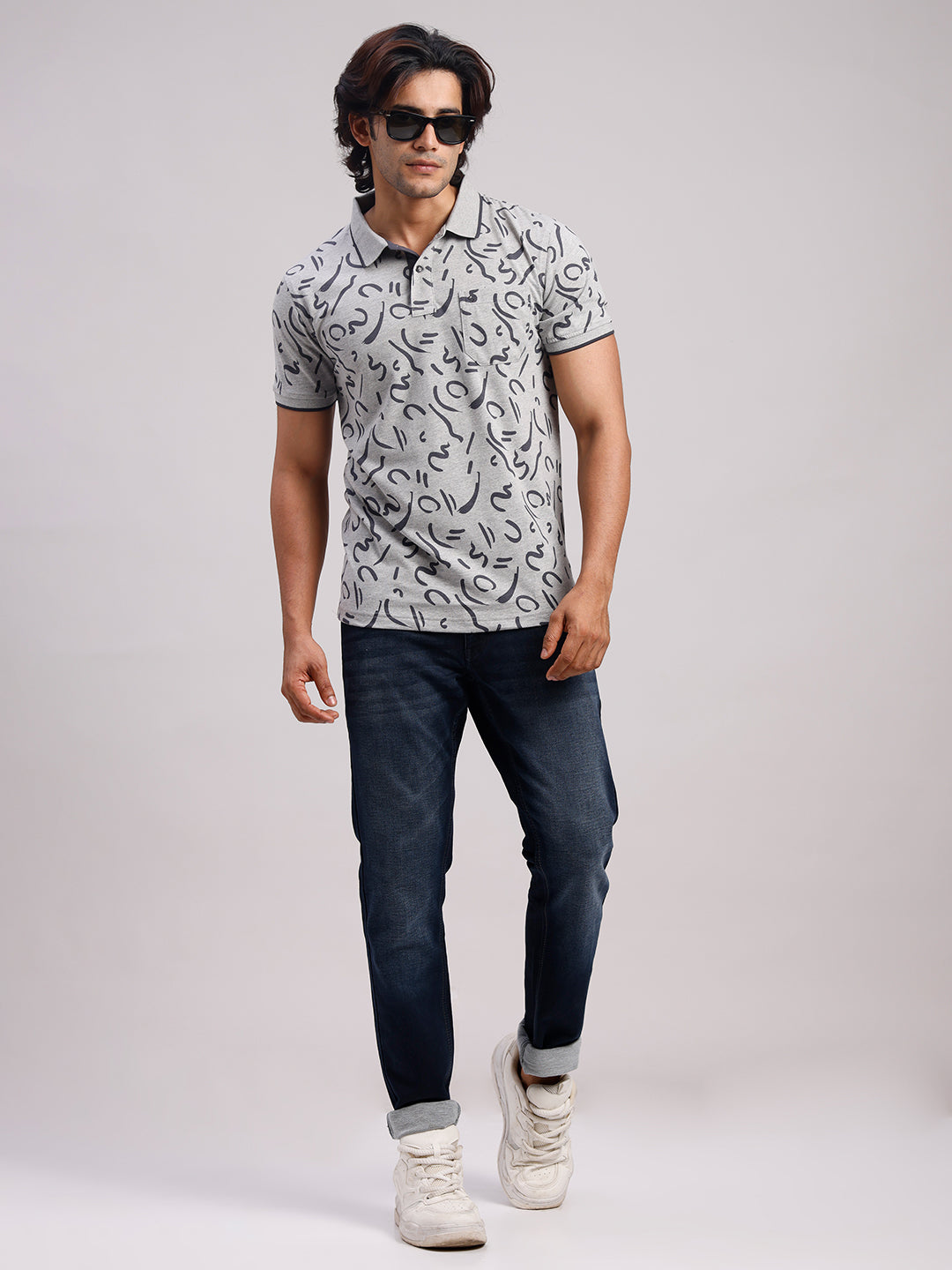 Classic Polo Men's Half Sleeve Grey/Black Polo Neck Slim Fit All-Over Print Cotton Blend T-Shirt | BELLO - 387 A SF P