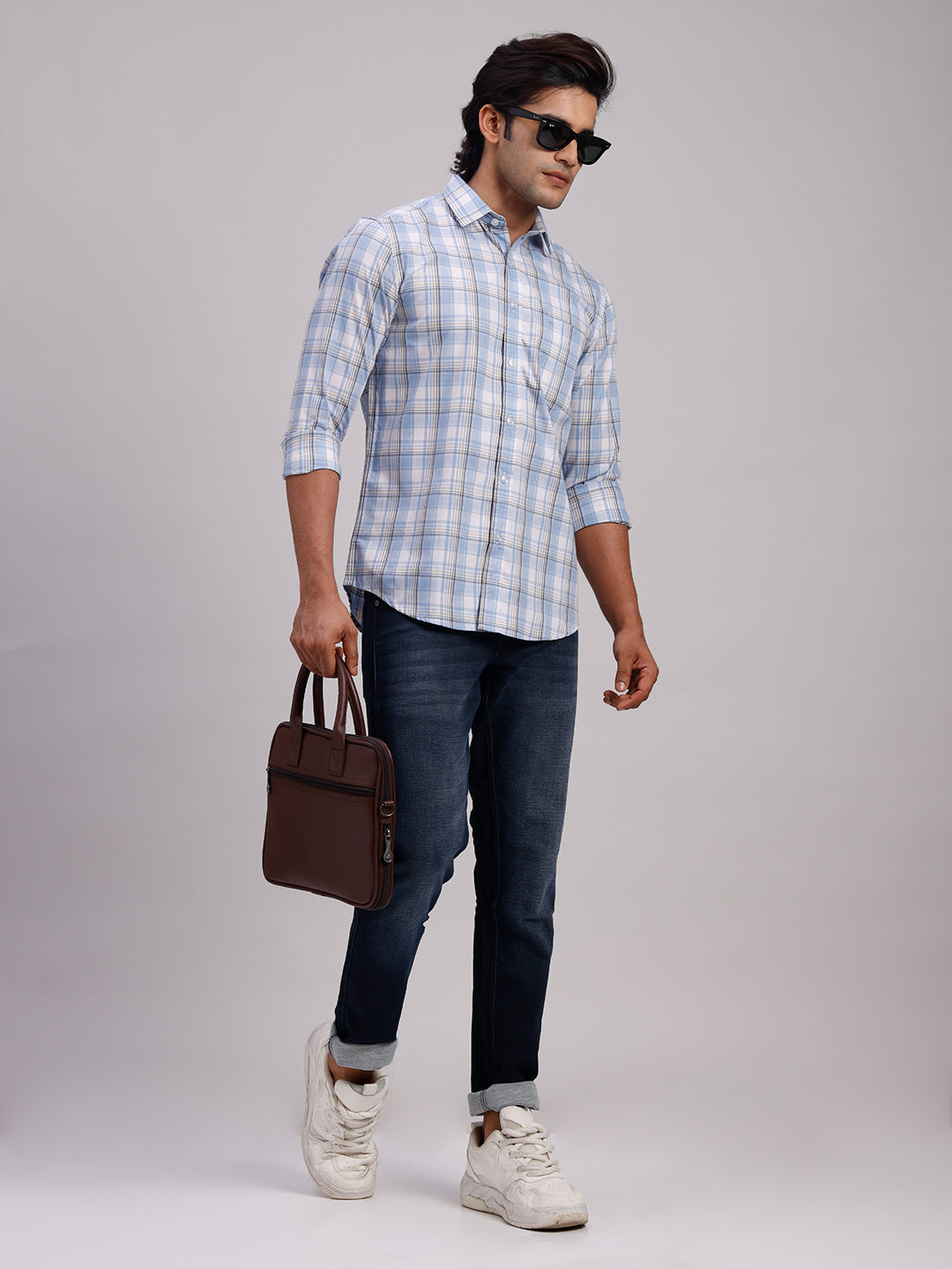 Classic Polo Men's Full Sleeve Blue/white Polo Neck Slim Fit Checked Cotton Casual Shirt | SR1-EL-12 B-FS-CHK-SF