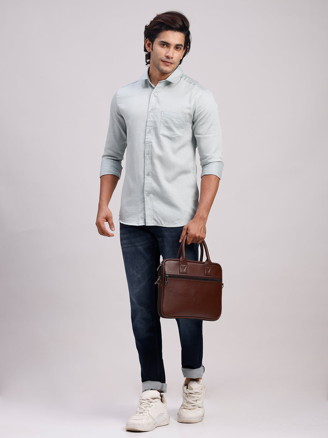 Classic Polo Men's Full Sleeve Light Green Polo Neck Slim Fit Solid Cotton Casual Shirt | LSHR1-GN-11 A-FS-SLD-SF