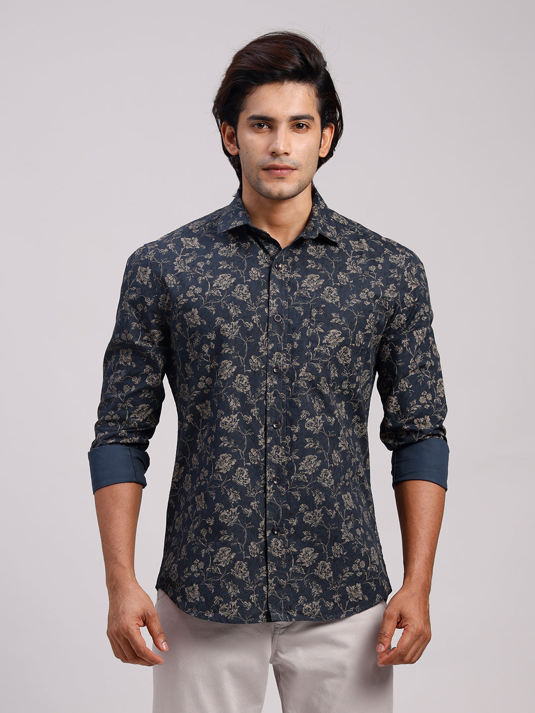 Classic Polo Men's Full Sleeve Dark Indigo/Beige Polo Neck Slim Fit All-Over Print Cotton Casual Shirt | SR1-CL-24 B-FS-PRT-SF