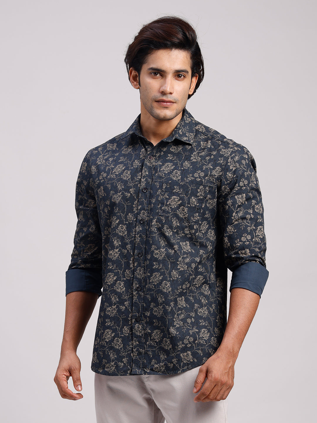 Classic Polo Men's Full Sleeve Dark Indigo/Beige Polo Neck Slim Fit All-Over Print Cotton Casual Shirt | SR1-CL-24 B-FS-PRT-SF
