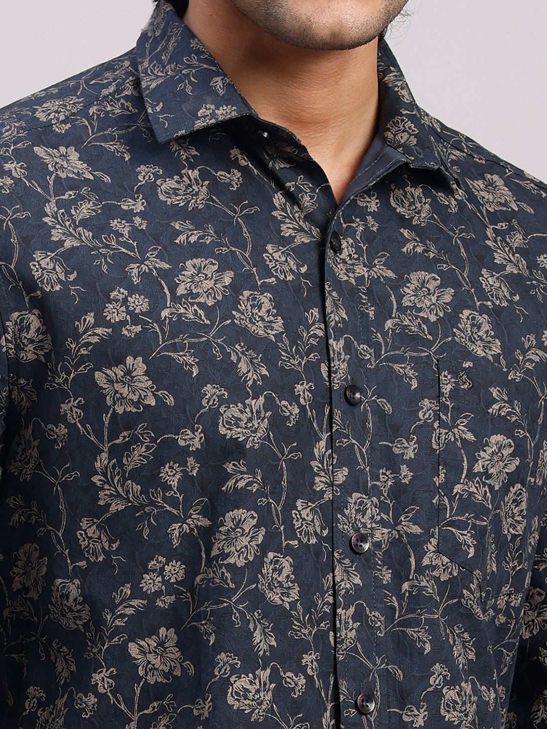 Classic Polo Men's Full Sleeve Dark Indigo/Beige Polo Neck Slim Fit All-Over Print Cotton Casual Shirt | SR1-CL-24 B-FS-PRT-SF