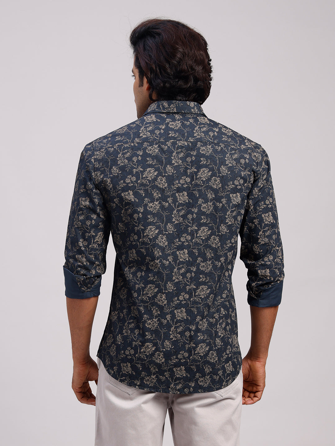 Classic Polo Men's Full Sleeve Dark Indigo/Beige Polo Neck Slim Fit All-Over Print Cotton Casual Shirt | SR1-CL-24 B-FS-PRT-SF