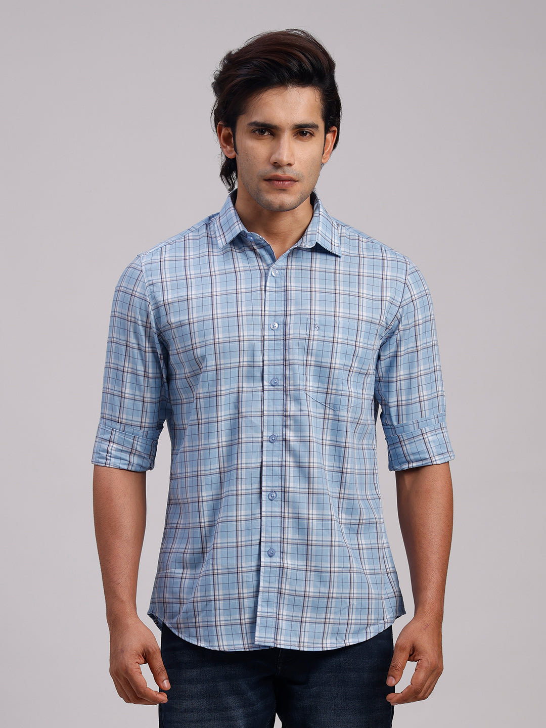 Classic Polo Men's Full Sleeve Blue Polo Neck Slim Fit Checked Cotton Casual Shirt | SR1-CL-12 A-FS-CHK-SF