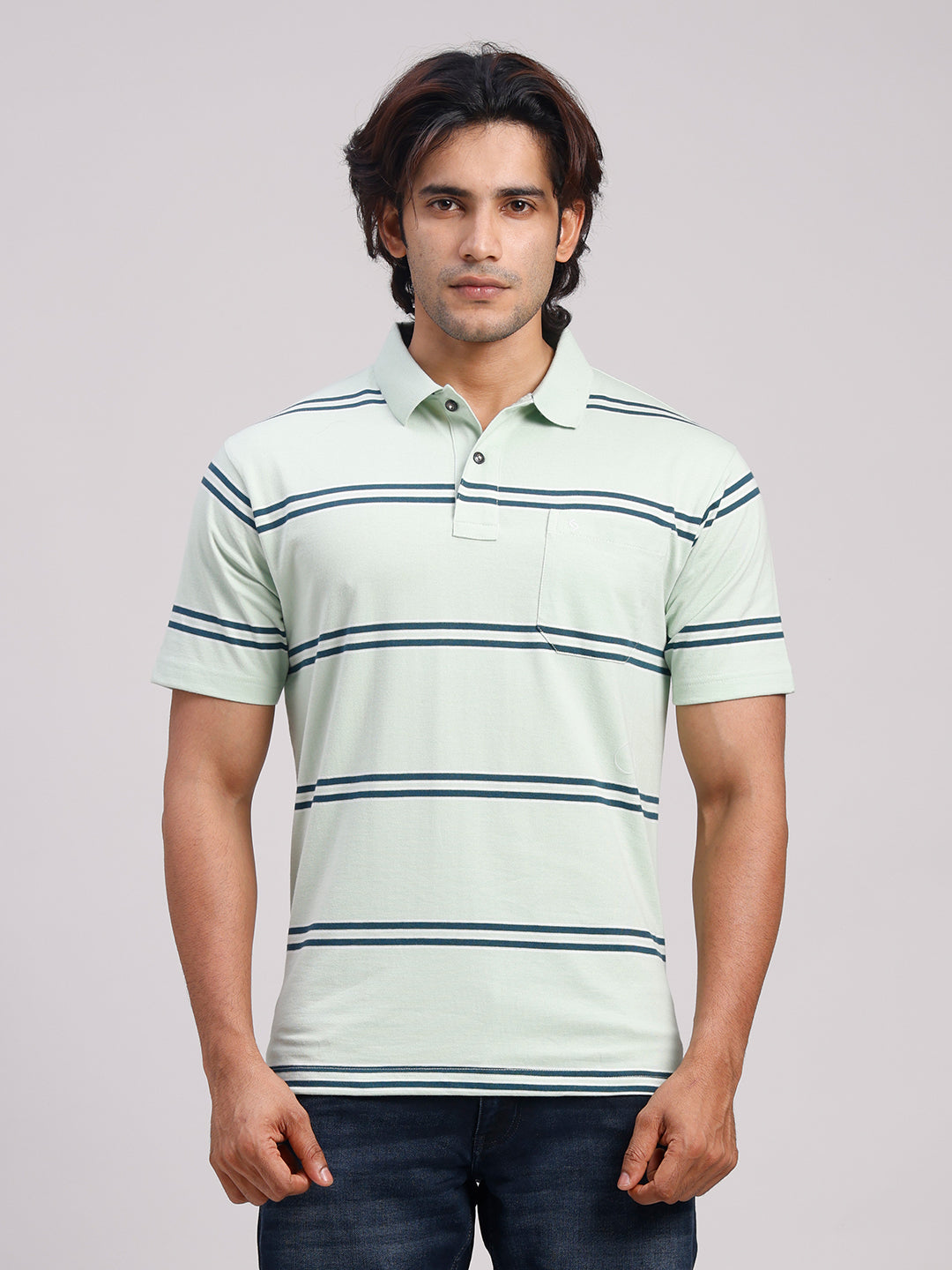 Classic Polo Men's Half Sleeve Light Green Polo Neck Authentic Fit Striped Cotton Blend T-Shirt | AVON - 657 A AF P