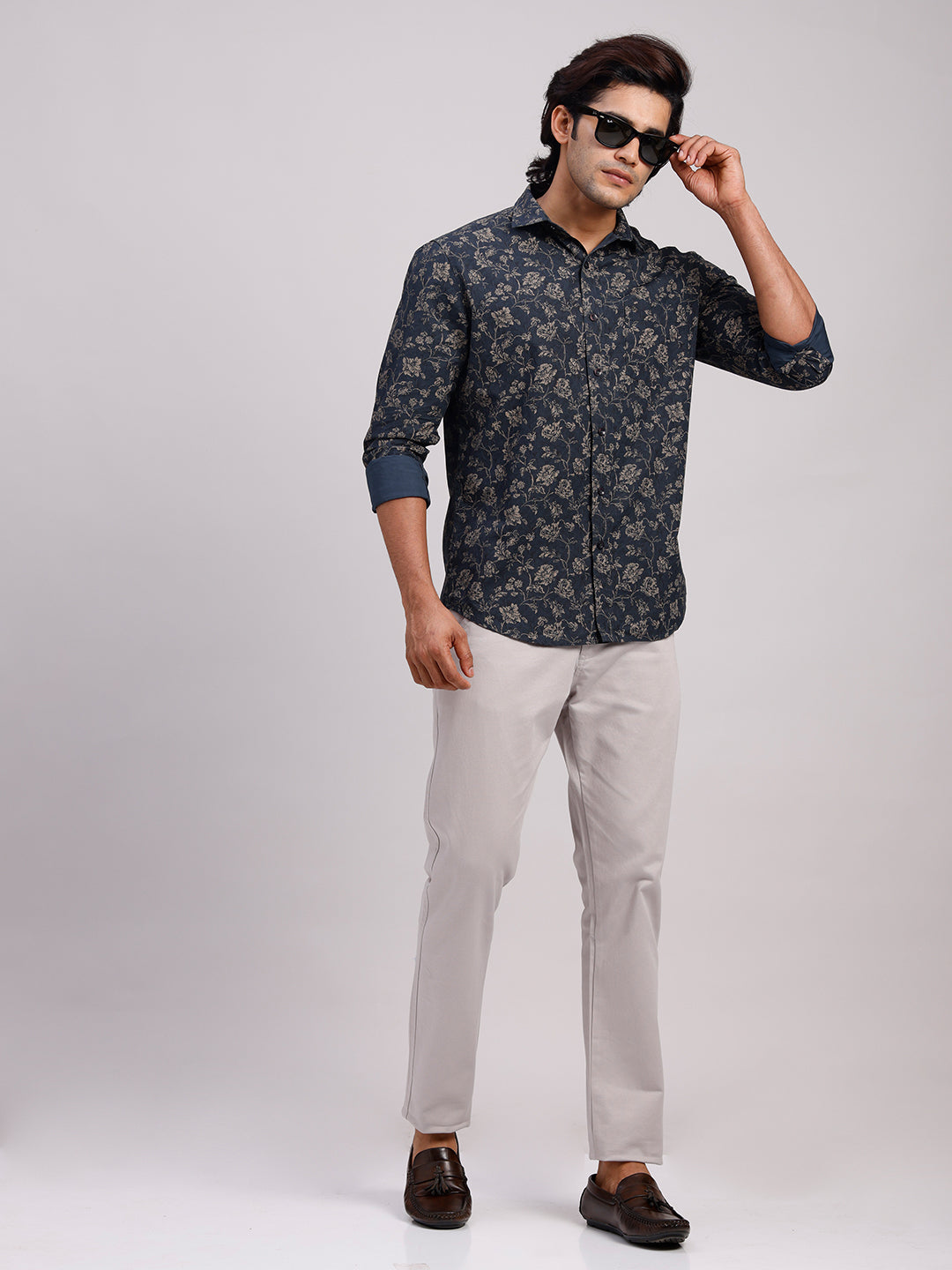 Classic Polo Men's Full Sleeve Dark Indigo/Beige Polo Neck Slim Fit All-Over Print Cotton Casual Shirt | SR1-CL-24 B-FS-PRT-SF