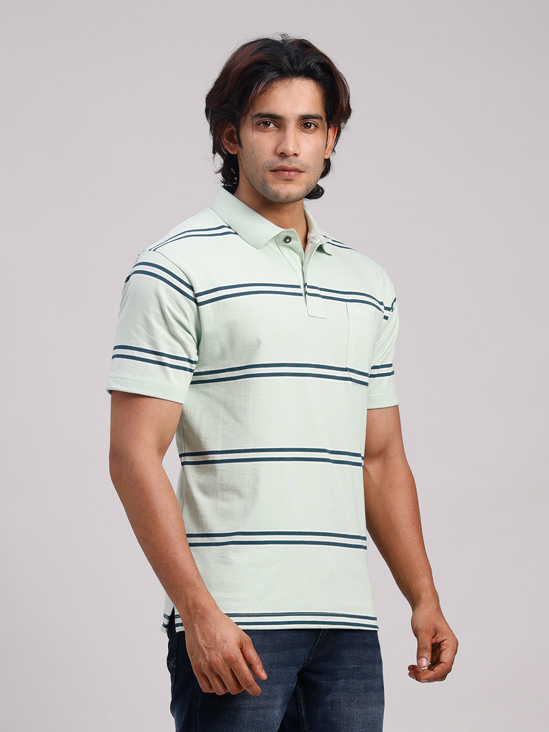 Classic Polo Men's Half Sleeve Light Green Polo Neck Authentic Fit Striped Cotton Blend T-Shirt | AVON - 657 A AF P