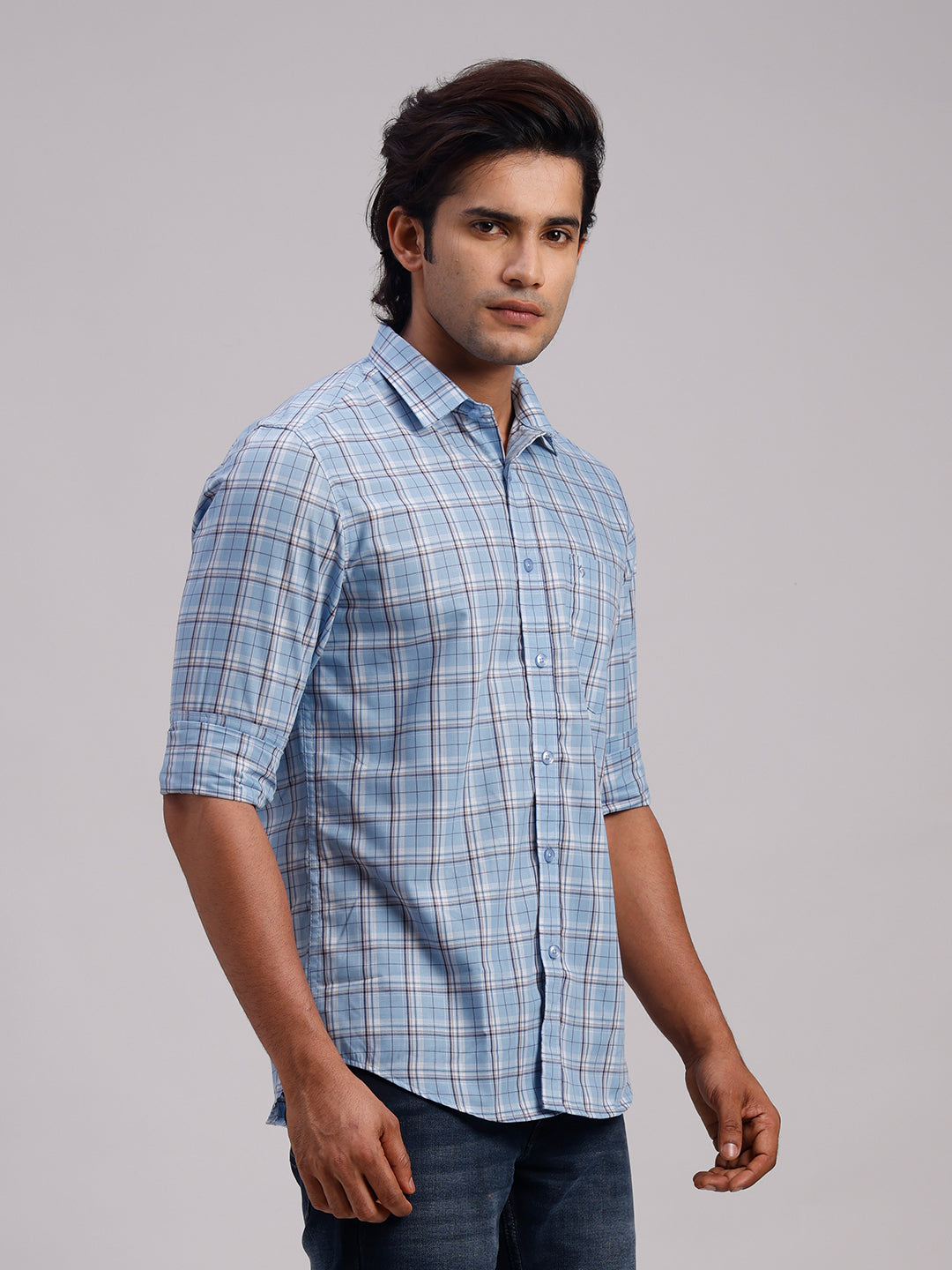Classic Polo Men's Full Sleeve Blue Polo Neck Slim Fit Checked Cotton Casual Shirt | SR1-CL-12 A-FS-CHK-SF