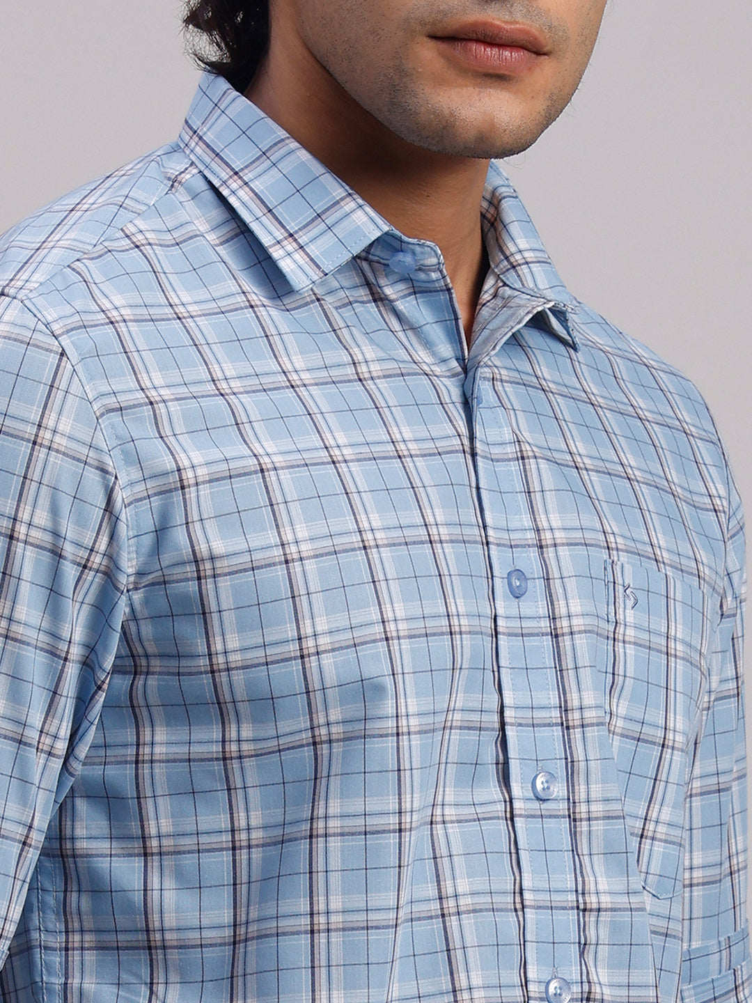 Classic Polo Men's Full Sleeve Blue Polo Neck Slim Fit Checked Cotton Casual Shirt | SR1-CL-12 A-FS-CHK-SF