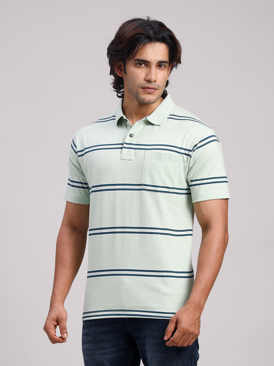 Classic Polo Men's Half Sleeve Light Green Polo Neck Authentic Fit Striped Cotton Blend T-Shirt | AVON - 657 A AF P