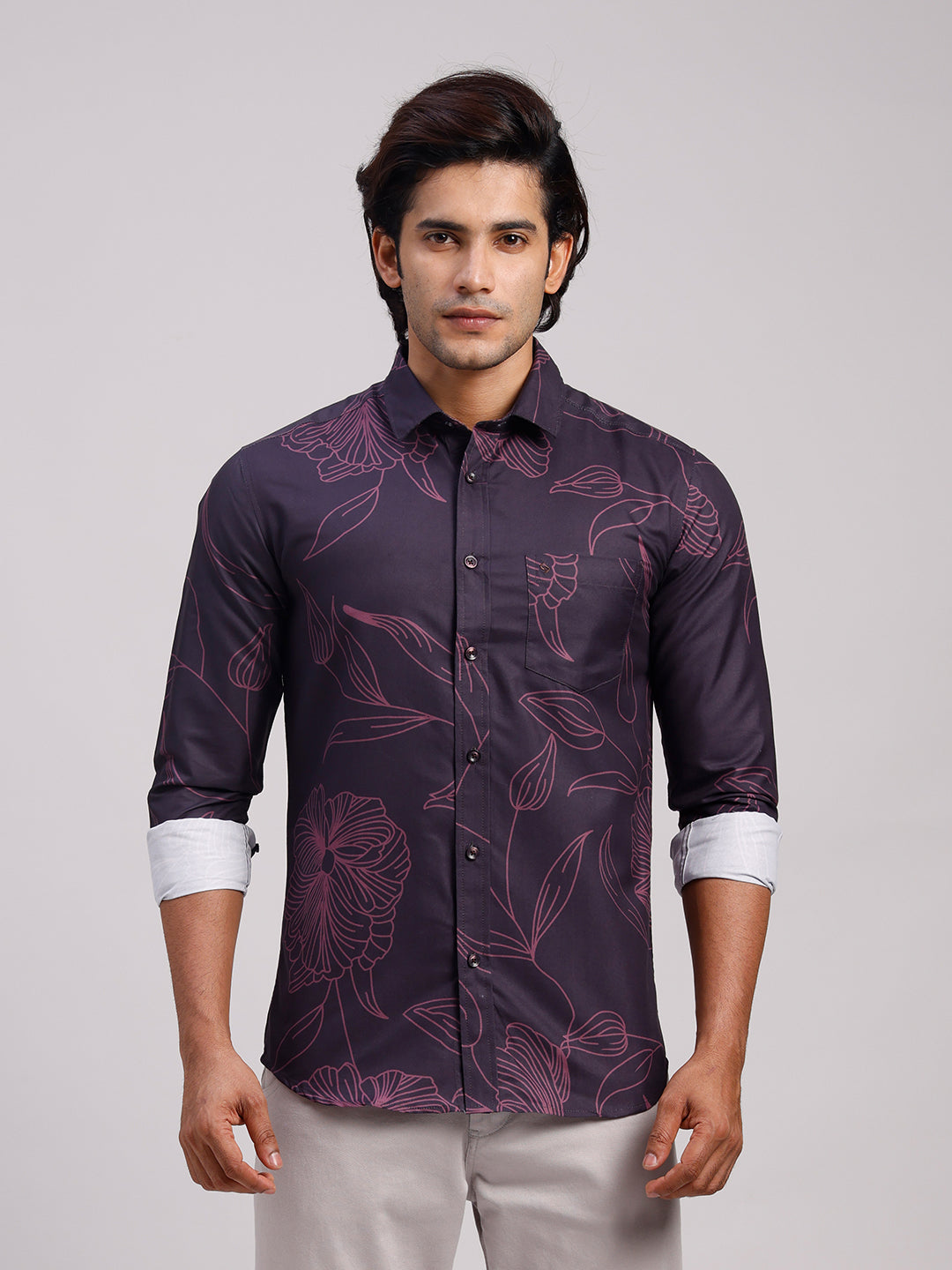 Classic Polo Men's Full Sleeve Dark Purple Polo Neck Slim Fit All-Over Print Cotton Casual Shirt | LSHR1-GN-07 A-FS-PRT-SF