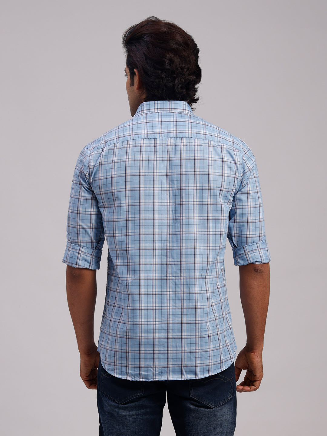 Classic Polo Men's Full Sleeve Blue Polo Neck Slim Fit Checked Cotton Casual Shirt | SR1-CL-12 A-FS-CHK-SF
