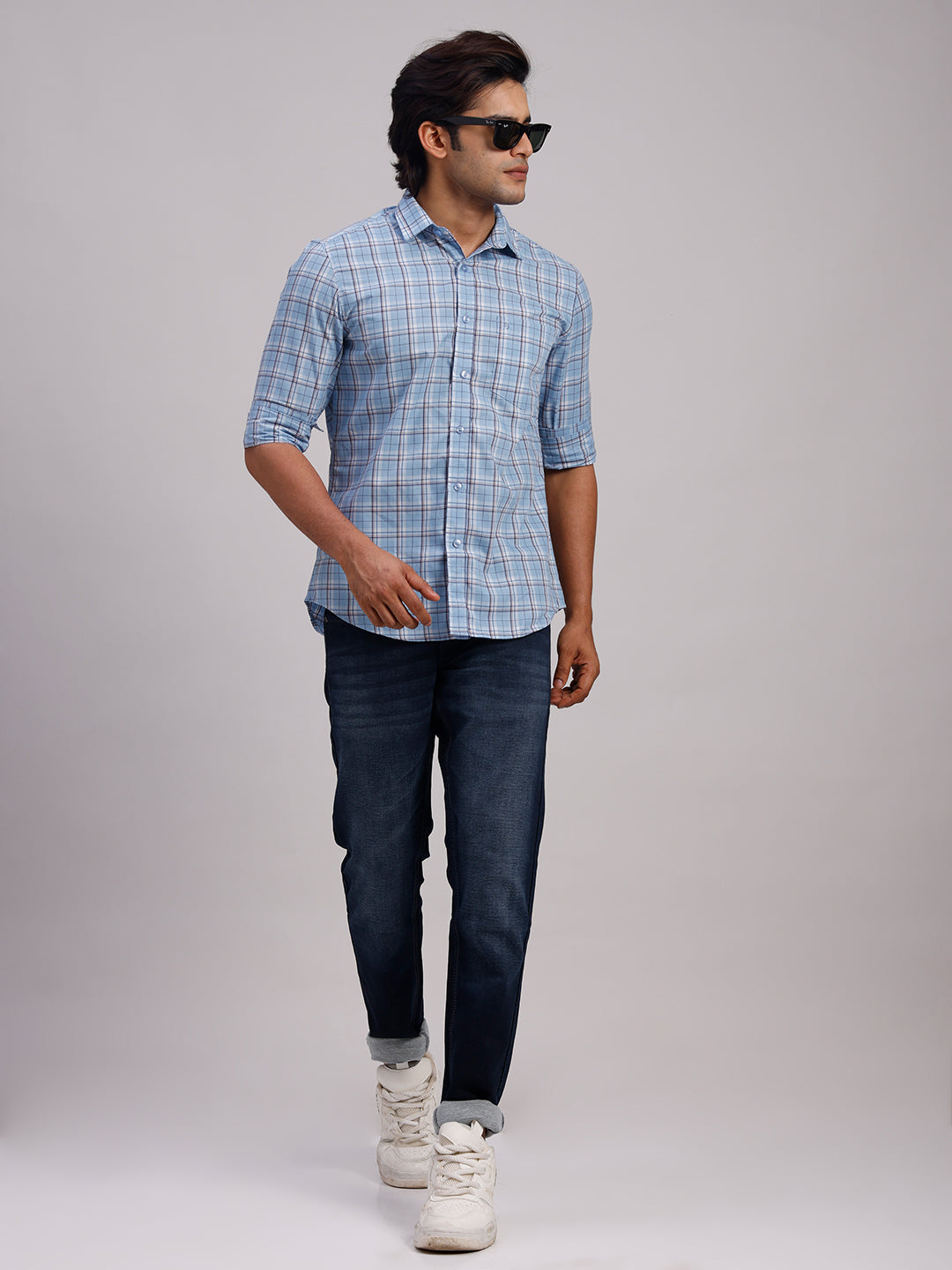 Classic Polo Men's Full Sleeve Blue Polo Neck Slim Fit Checked Cotton Casual Shirt | SR1-CL-12 A-FS-CHK-SF