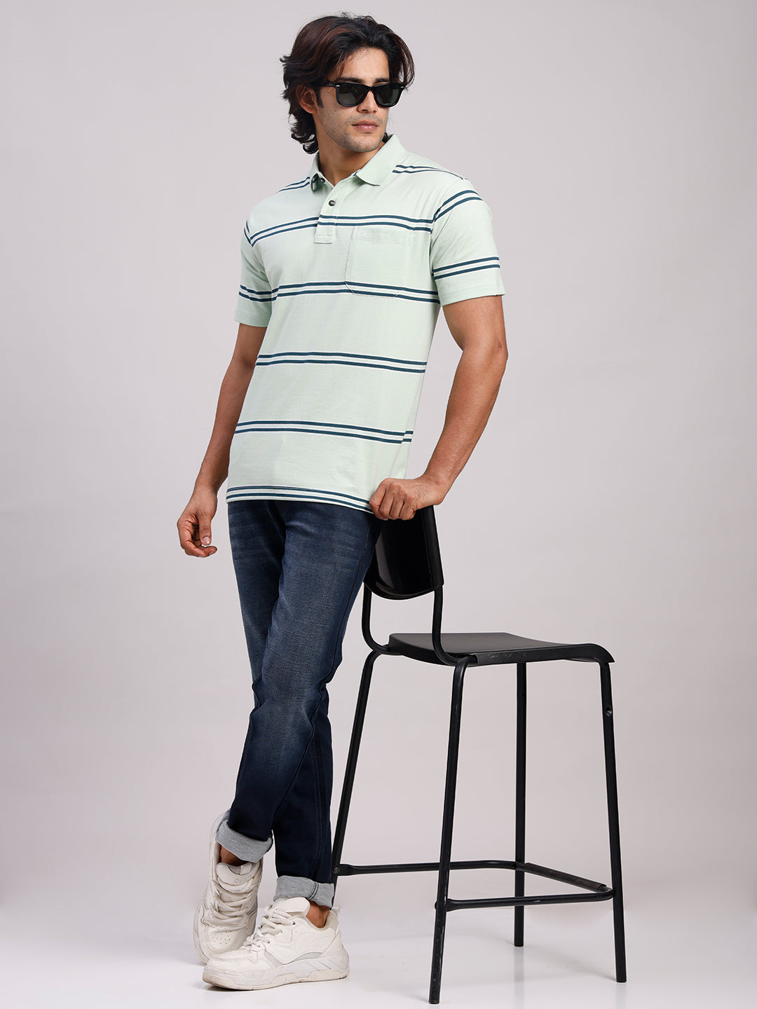 Classic Polo Men's Half Sleeve Light Green Polo Neck Authentic Fit Striped Cotton Blend T-Shirt | AVON - 657 A AF P