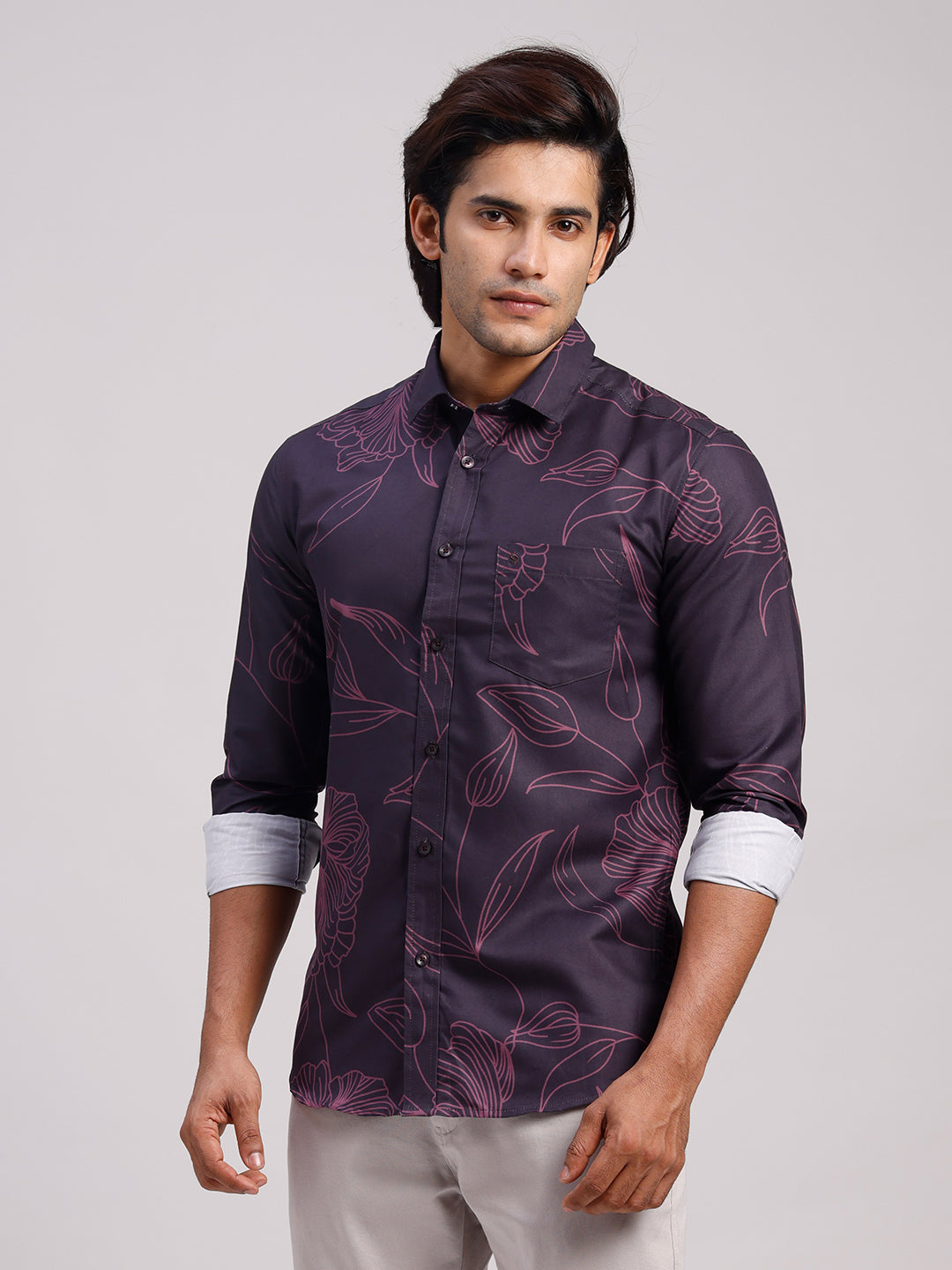 Classic Polo Men's Full Sleeve Dark Purple Polo Neck Slim Fit All-Over Print Cotton Casual Shirt | LSHR1-GN-07 A-FS-PRT-SF