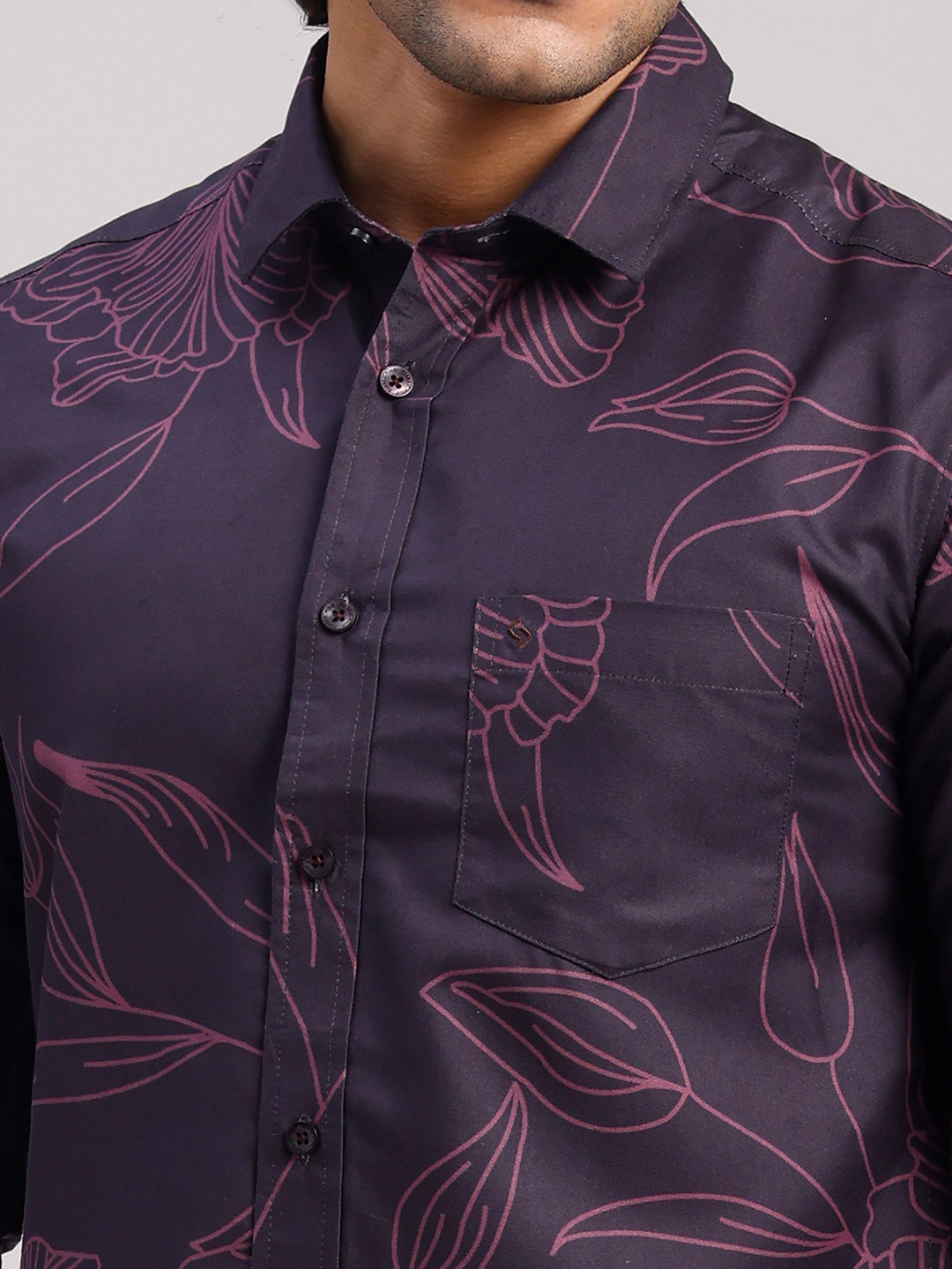 Classic Polo Men's Full Sleeve Dark Purple Polo Neck Slim Fit All-Over Print Cotton Casual Shirt | LSHR1-GN-07 A-FS-PRT-SF
