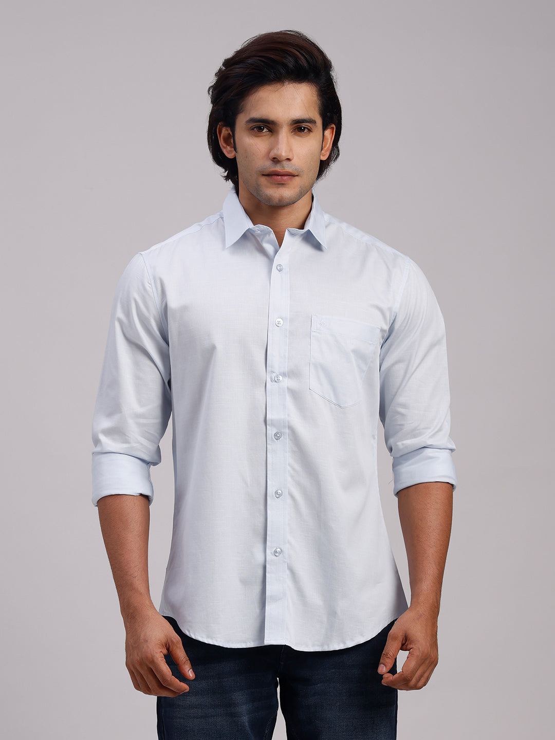Classic Polo Men's Full Sleeve Light Blue Polo Neck Slim Fit Solid Cotton Casual Shirt | LSHR1-EL-13 B-FS-SLD-SF
