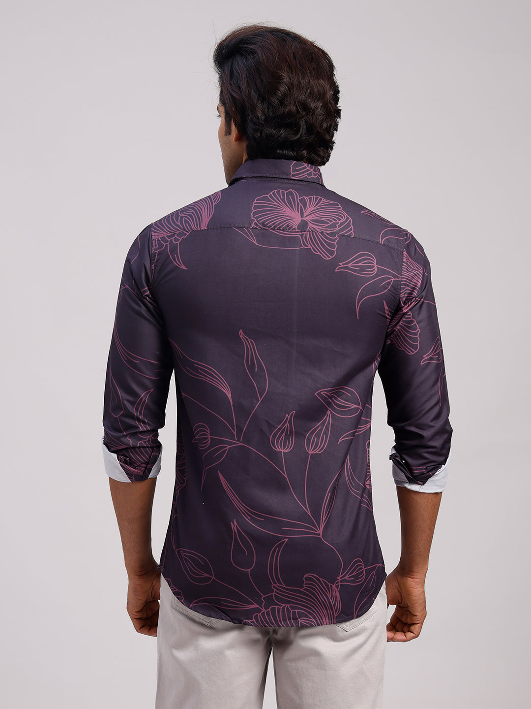 Classic Polo Men's Full Sleeve Dark Purple Polo Neck Slim Fit All-Over Print Cotton Casual Shirt | LSHR1-GN-07 A-FS-PRT-SF
