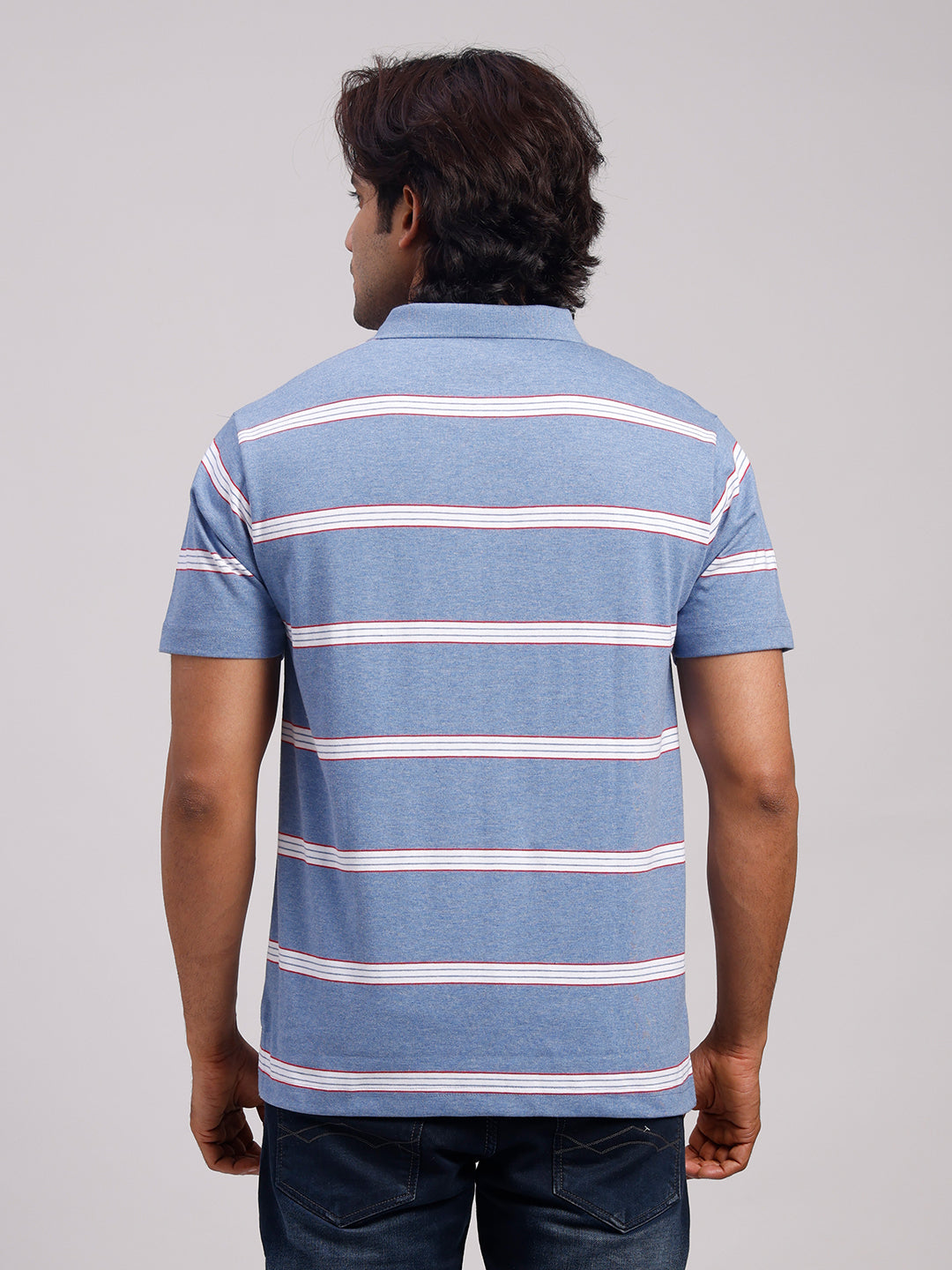 Classic Polo Men's Half Sleeve Denim Blue/White Polo Neck Authentic Fit Striped Cotton Blend T-Shirt | LTS-STR - 103 B AF P