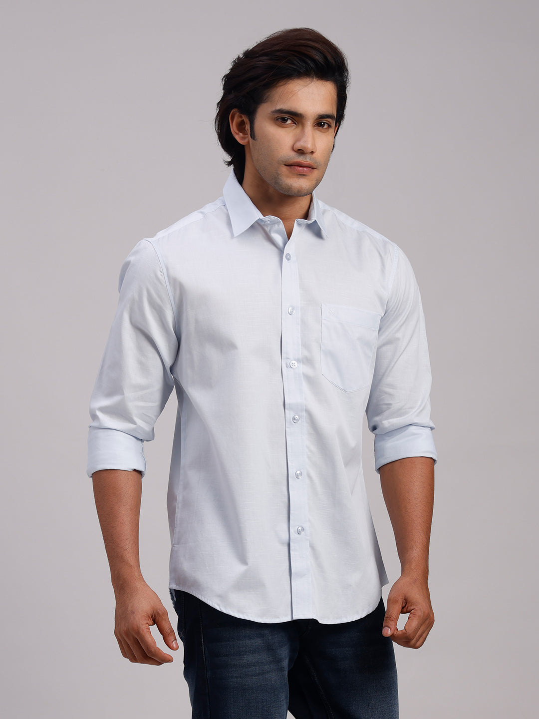 Classic Polo Men's Full Sleeve Light Blue Polo Neck Slim Fit Solid Cotton Casual Shirt | LSHR1-EL-13 B-FS-SLD-SF