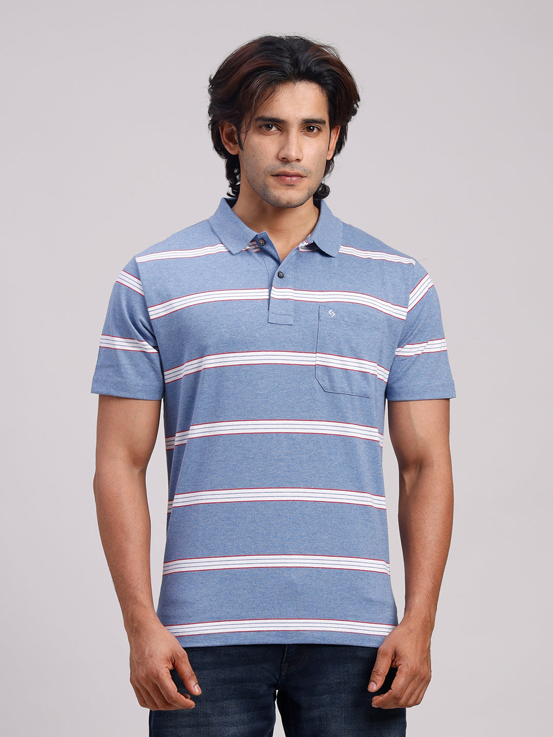 Classic Polo Men's Half Sleeve Denim Blue/White Polo Neck Authentic Fit Striped Cotton Blend T-Shirt | LTS-STR - 103 B AF P