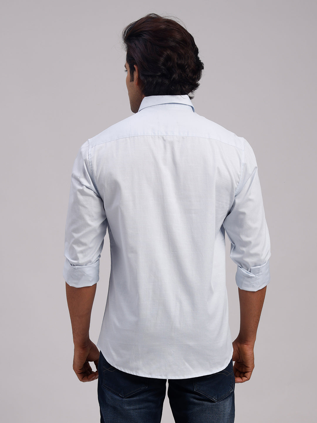 Classic Polo Men's Full Sleeve Light Blue Polo Neck Slim Fit Solid Cotton Casual Shirt | LSHR1-EL-13 B-FS-SLD-SF