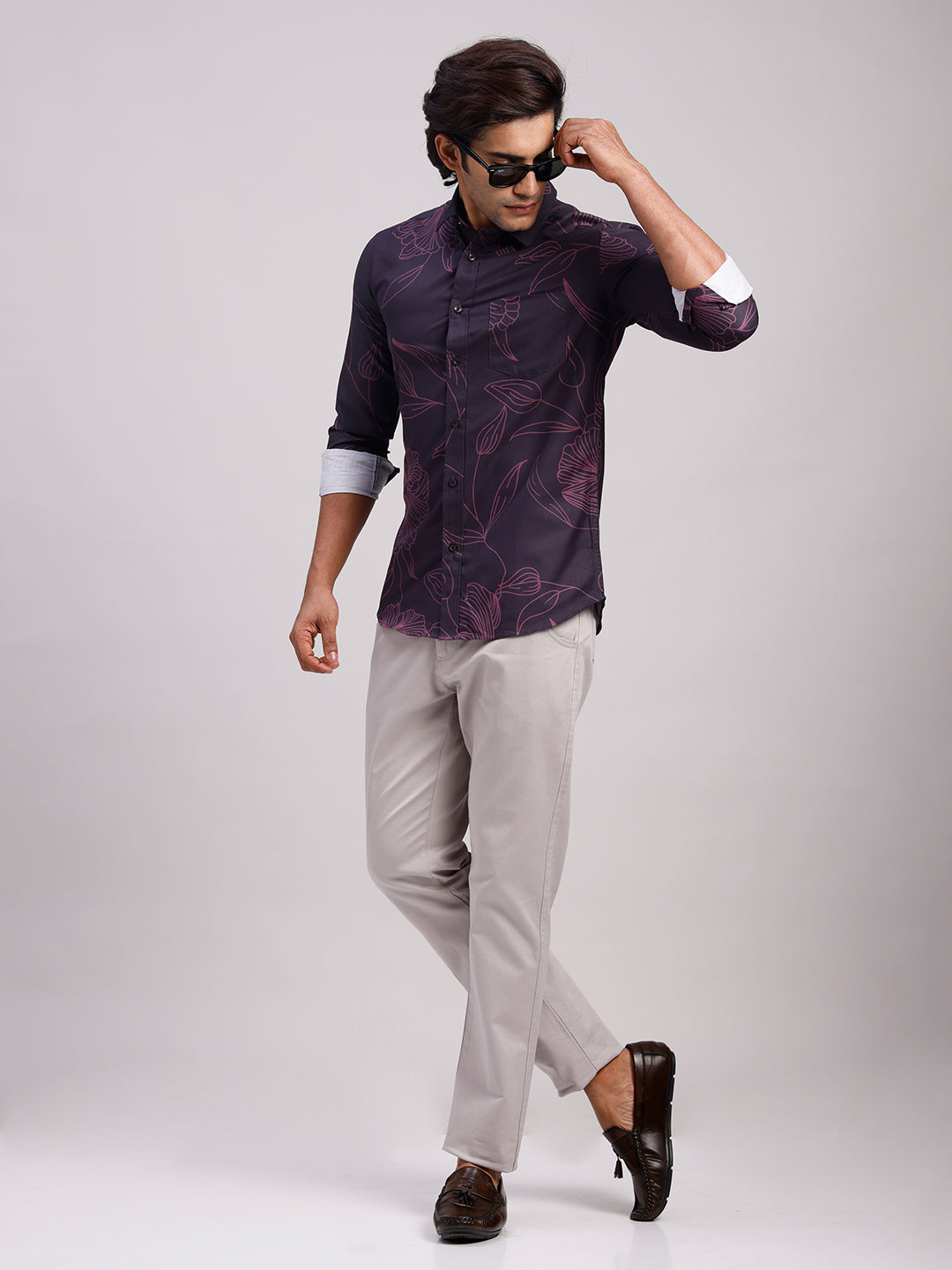 Classic Polo Men's Full Sleeve Dark Purple Polo Neck Slim Fit All-Over Print Cotton Casual Shirt | LSHR1-GN-07 A-FS-PRT-SF