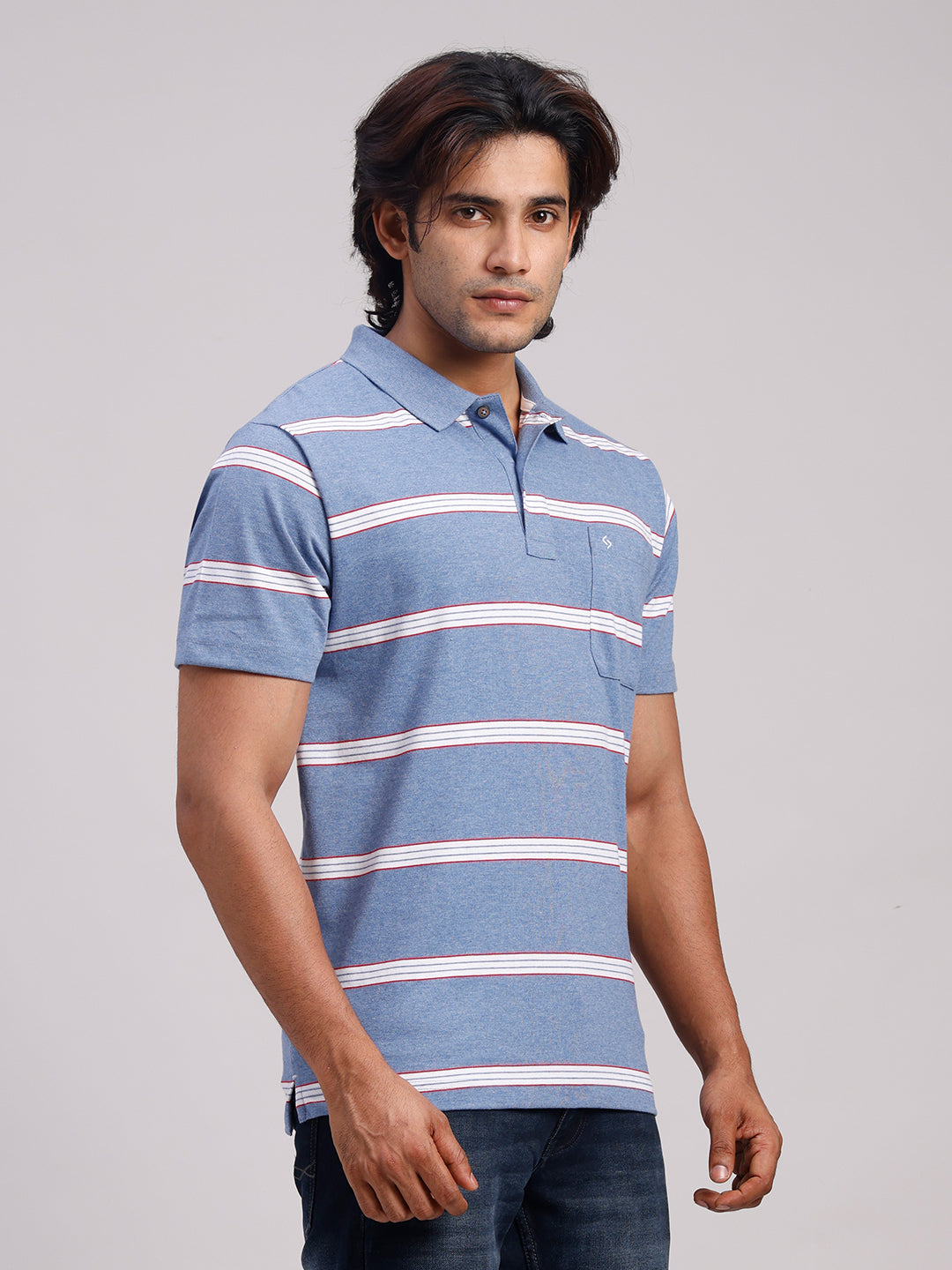 Classic Polo Men's Half Sleeve Denim Blue/White Polo Neck Authentic Fit Striped Cotton Blend T-Shirt | LTS-STR - 103 B AF P