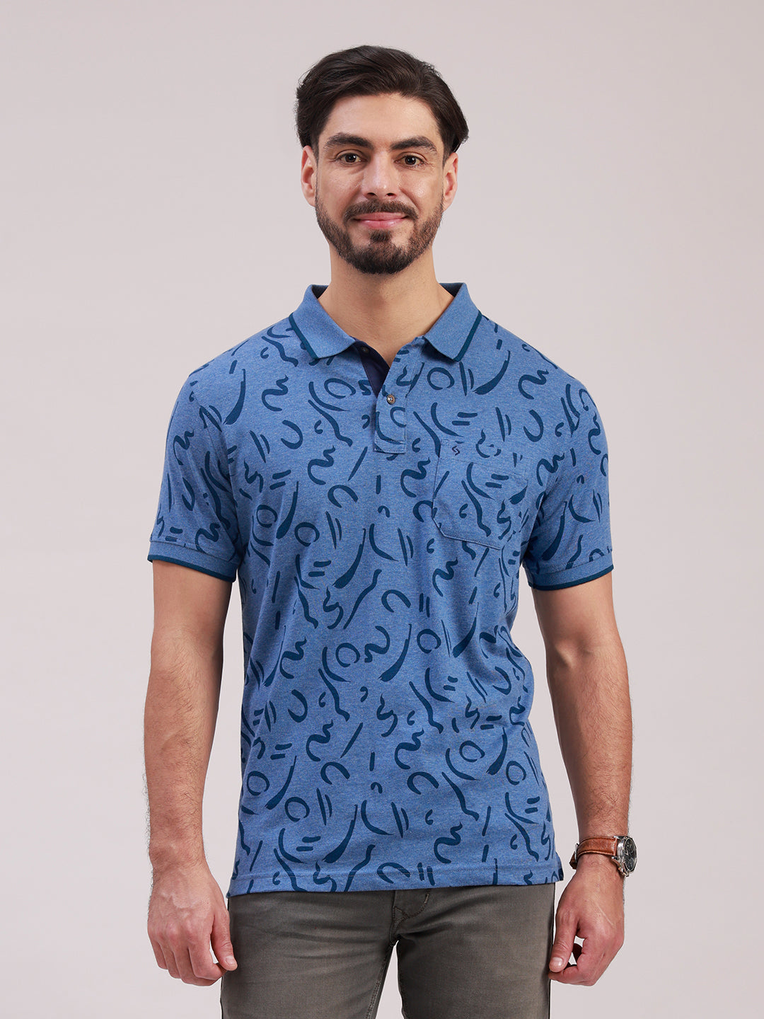 Classic Polo Men's Half Sleeve Indigo/Navy Blue Polo Neck Slim Fit All-Over Print Cotton Blend T-Shirt | BELLO - 387 B SF P