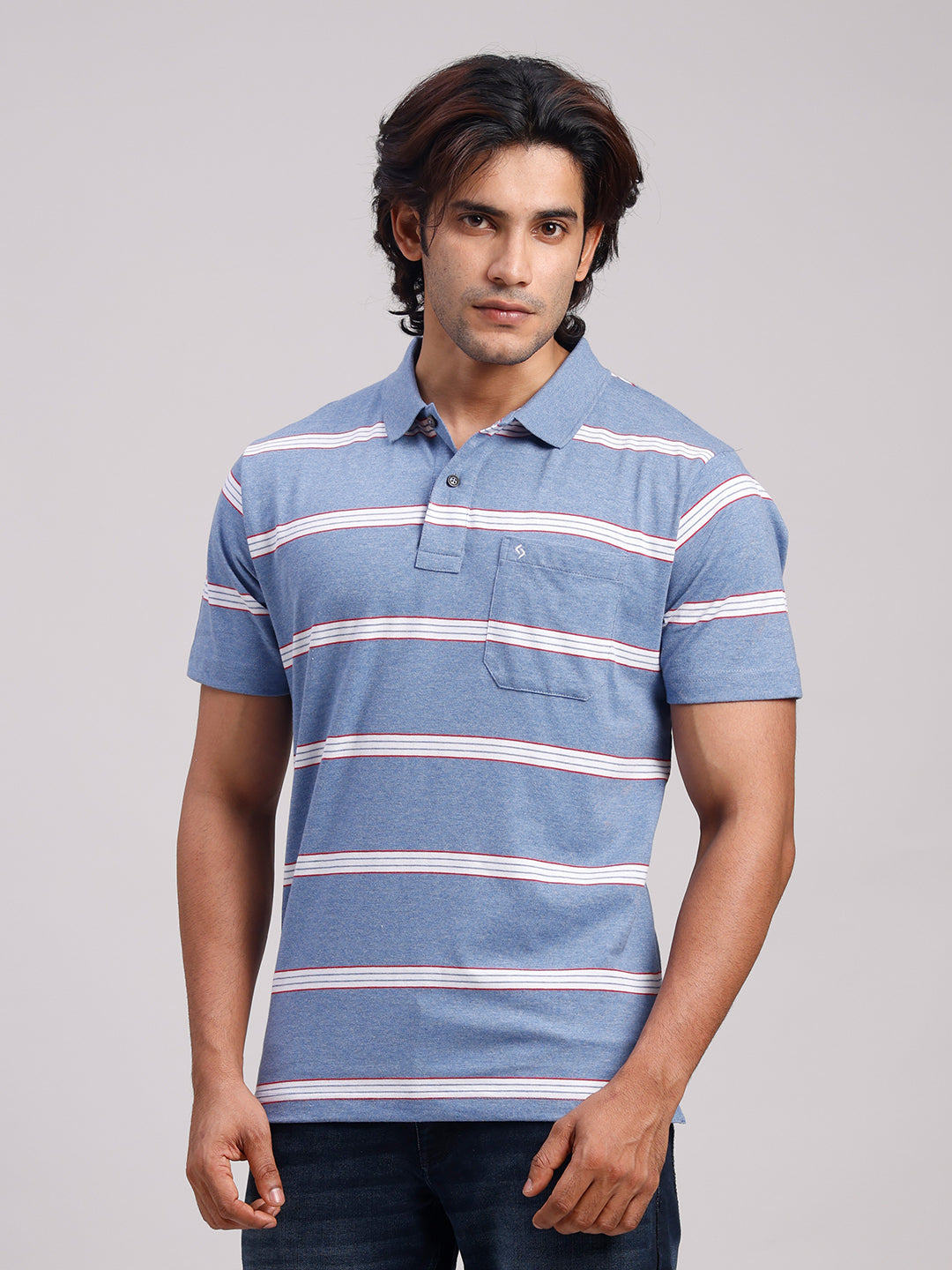 Classic Polo Men's Half Sleeve Denim Blue/White Polo Neck Authentic Fit Striped Cotton Blend T-Shirt | LTS-STR - 103 B AF P