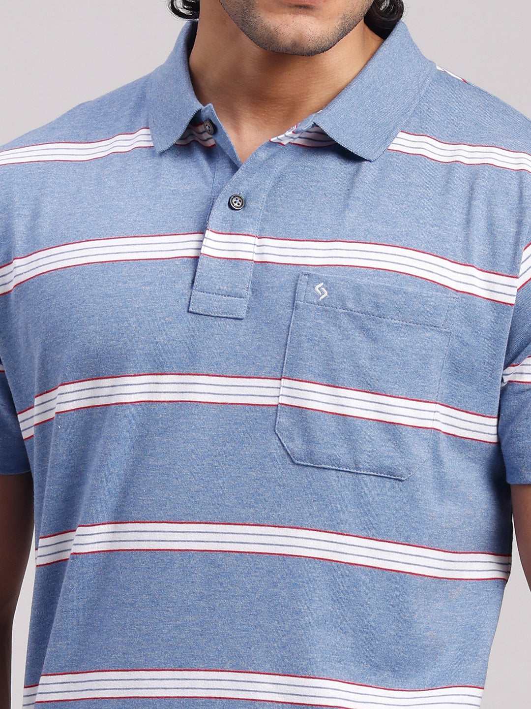 Classic Polo Men's Half Sleeve Denim Blue/White Polo Neck Authentic Fit Striped Cotton Blend T-Shirt | LTS-STR - 103 B AF P