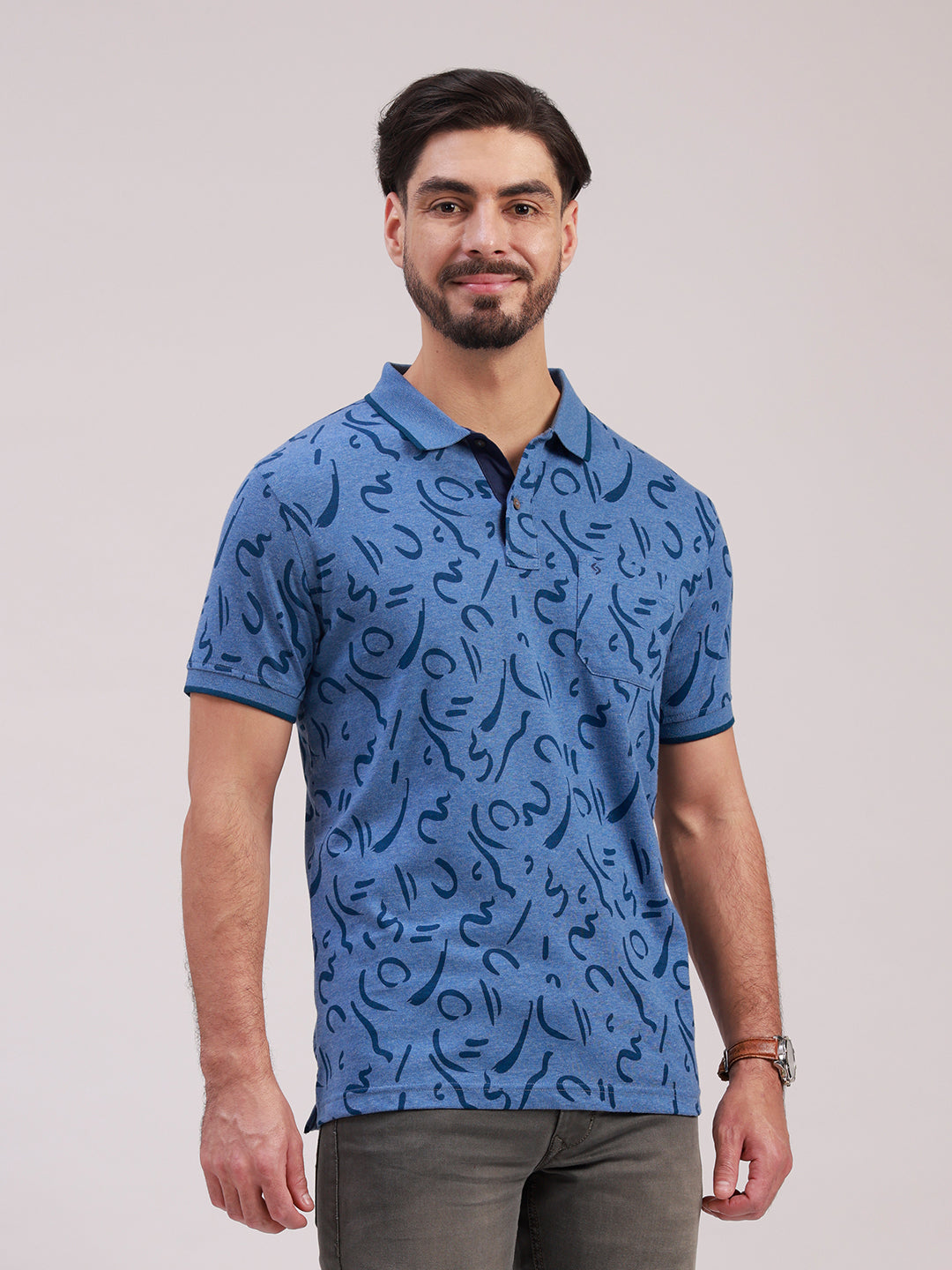 Classic Polo Men's Half Sleeve Indigo/Navy Blue Polo Neck Slim Fit All-Over Print Cotton Blend T-Shirt | BELLO - 387 B SF P