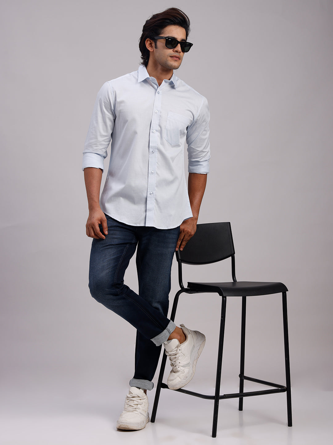 Classic Polo Men's Full Sleeve Light Blue Polo Neck Slim Fit Solid Cotton Casual Shirt | LSHR1-EL-13 B-FS-SLD-SF