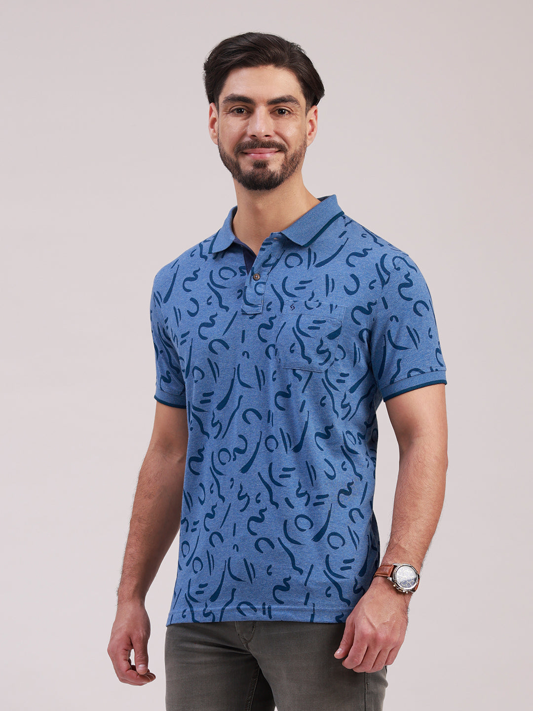 Classic Polo Men's Half Sleeve Indigo/Navy Blue Polo Neck Slim Fit All-Over Print Cotton Blend T-Shirt | BELLO - 387 B SF P