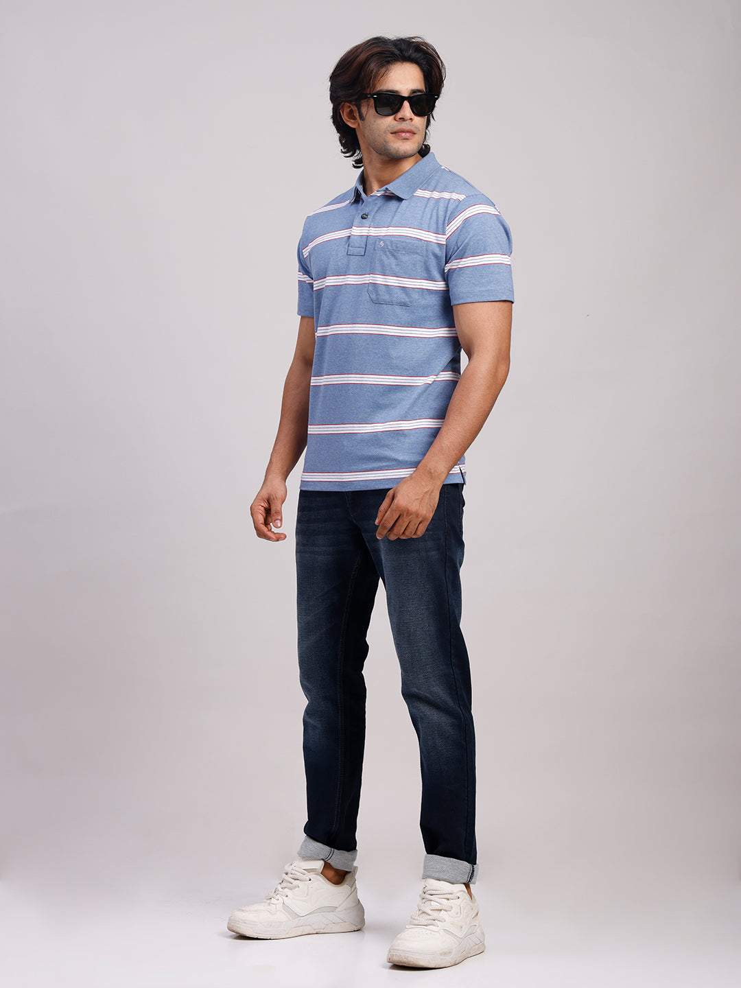 Classic Polo Men's Half Sleeve Denim Blue/White Polo Neck Authentic Fit Striped Cotton Blend T-Shirt | LTS-STR - 103 B AF P
