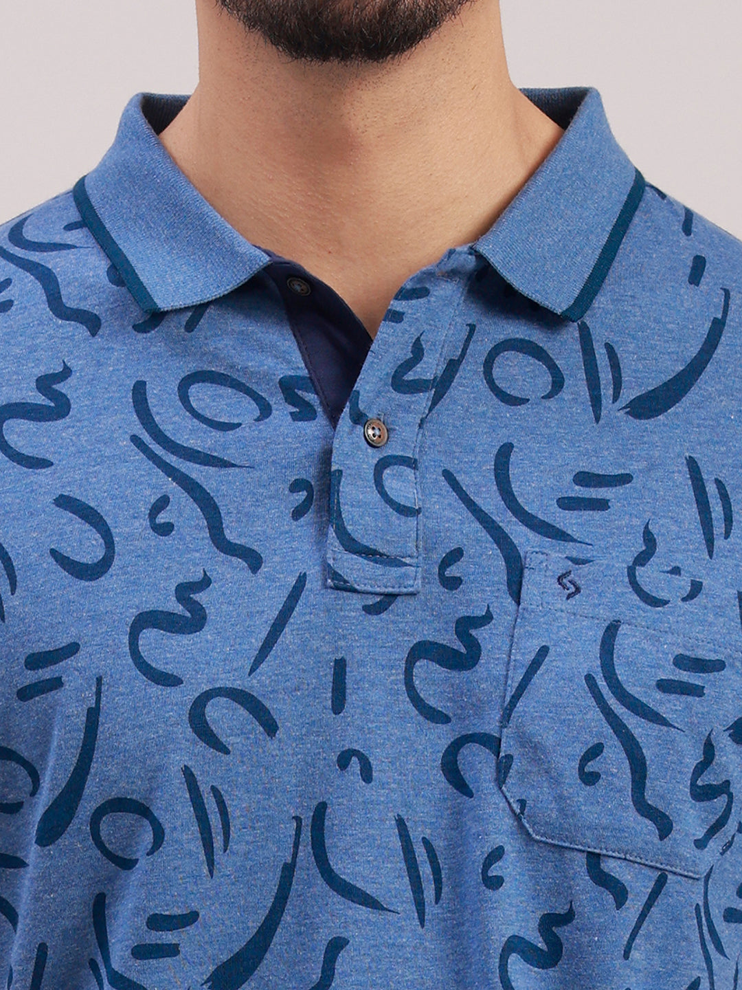 Classic Polo Men's Half Sleeve Indigo/Navy Blue Polo Neck Slim Fit All-Over Print Cotton Blend T-Shirt | BELLO - 387 B SF P