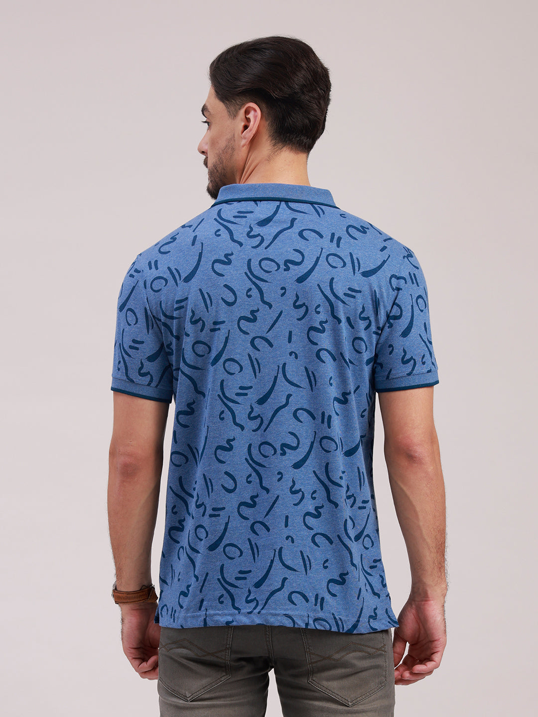 Classic Polo Men's Half Sleeve Indigo/Navy Blue Polo Neck Slim Fit All-Over Print Cotton Blend T-Shirt | BELLO - 387 B SF P