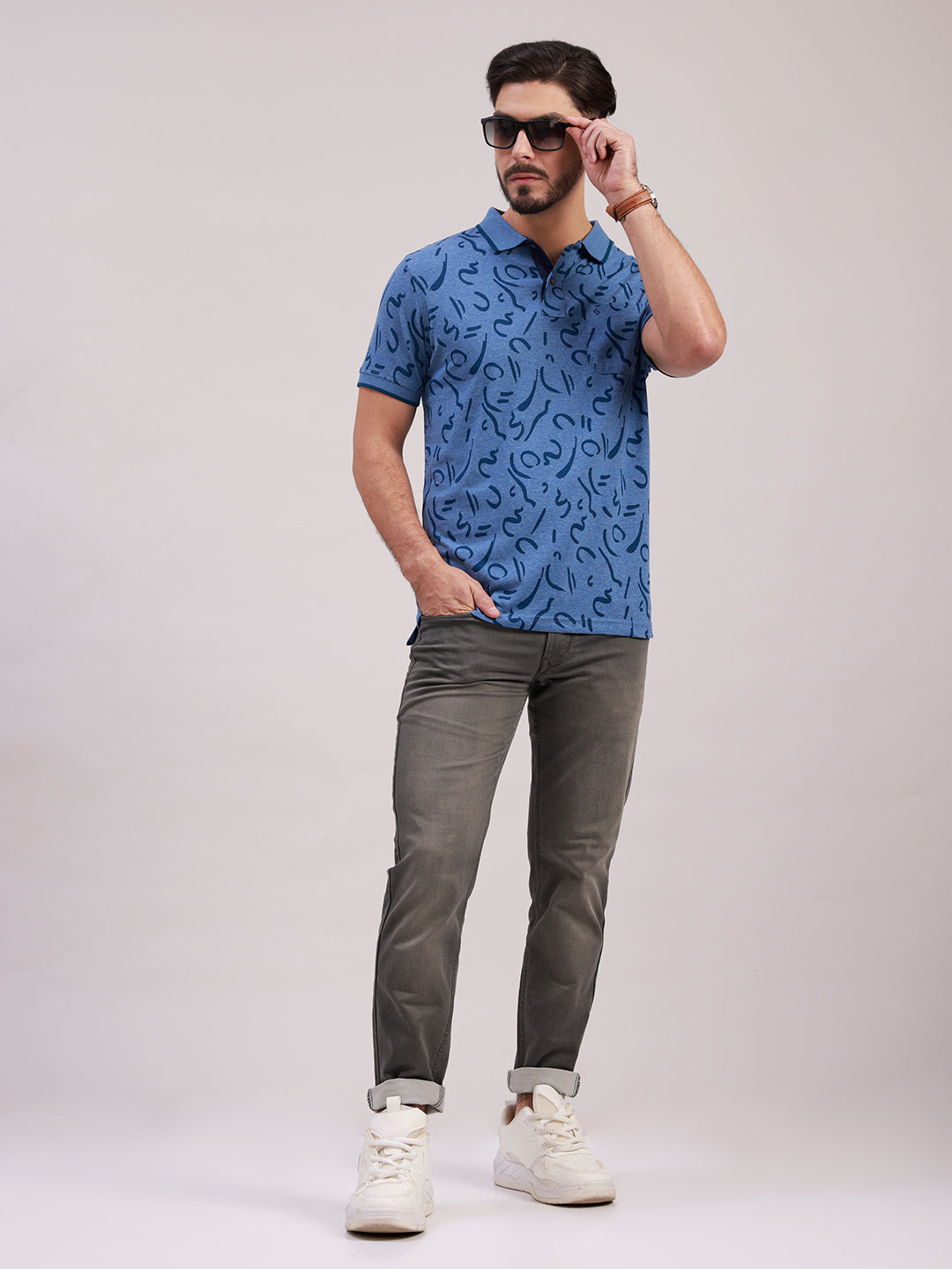 Classic Polo Men's Half Sleeve Indigo/Navy Blue Polo Neck Slim Fit All-Over Print Cotton Blend T-Shirt | BELLO - 387 B SF P
