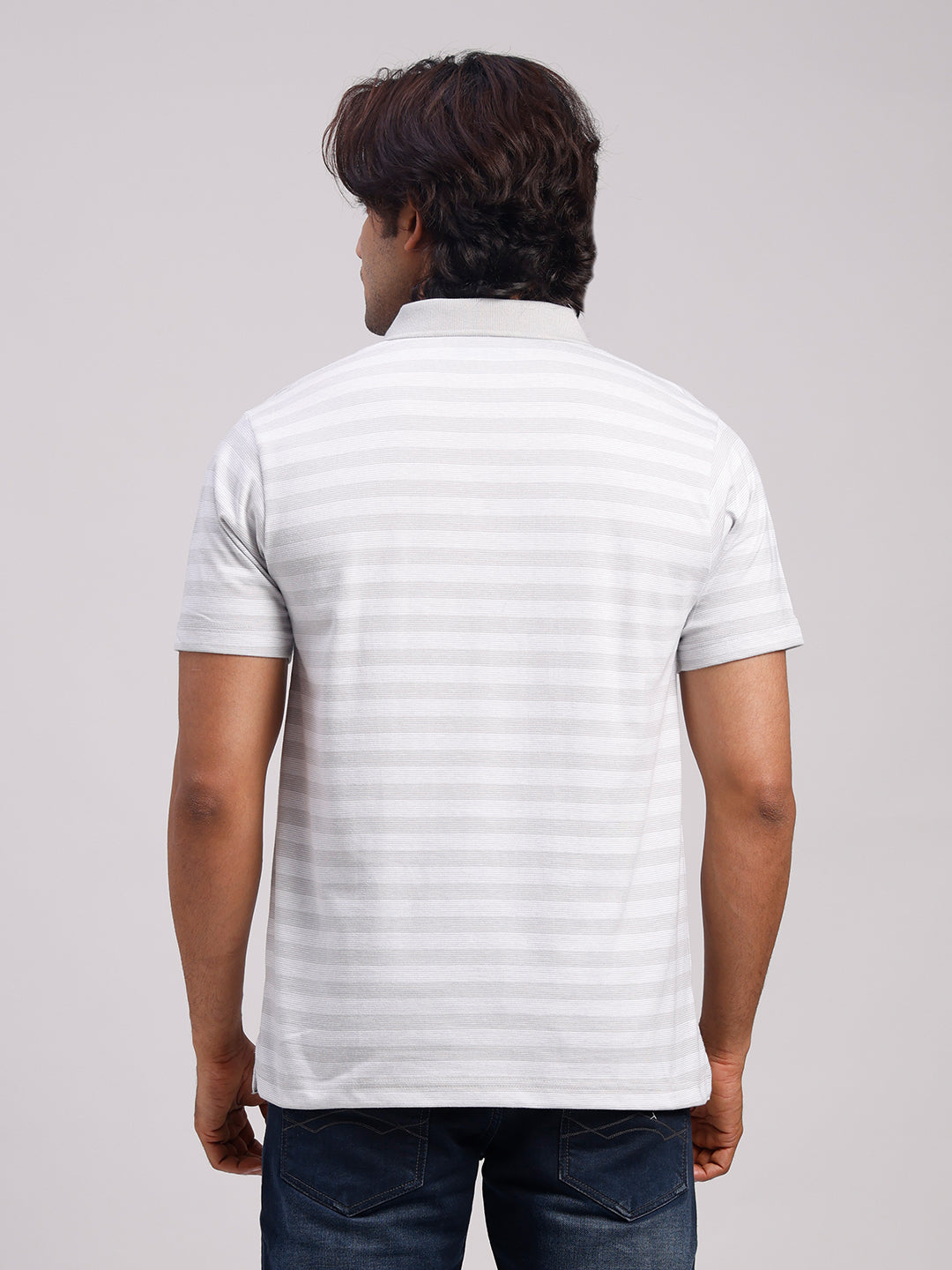 Classic Polo Men's Half Sleeve Light Grey/White Polo Neck Authentic Fit Striped Cotton Blend T-Shirt | LTS-STR - 107 A AF P