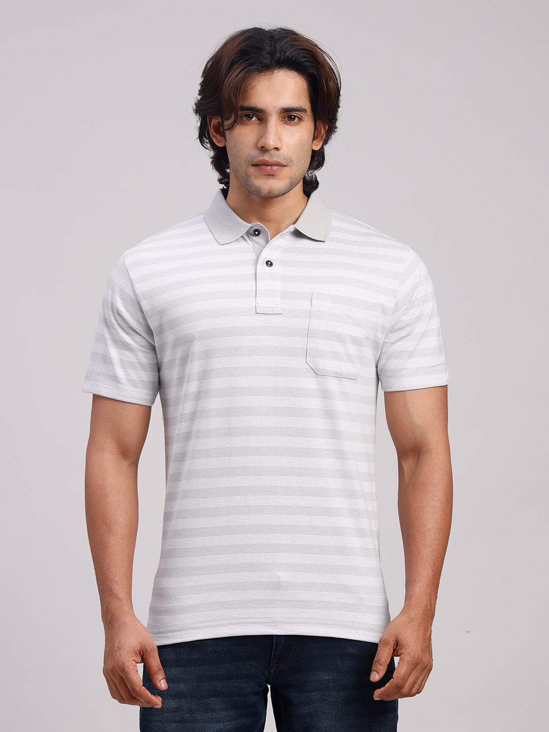Classic Polo Men's Half Sleeve Light Grey/White Polo Neck Authentic Fit Striped Cotton Blend T-Shirt | LTS-STR - 107 A AF P