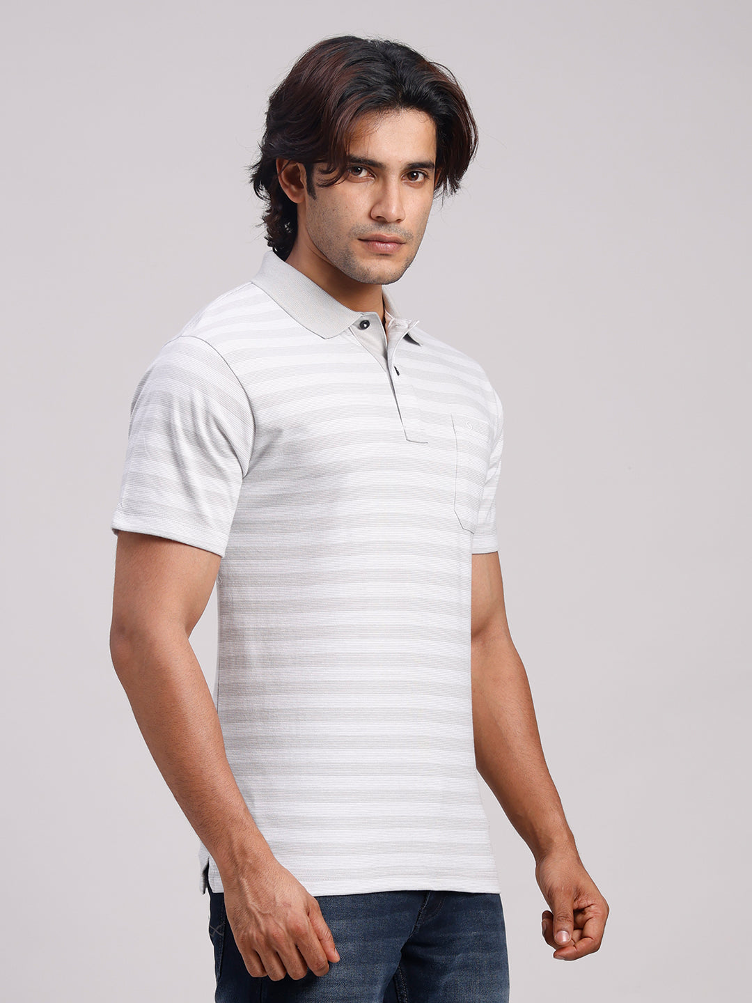 Classic Polo Men's Half Sleeve Light Grey/White Polo Neck Authentic Fit Striped Cotton Blend T-Shirt | LTS-STR - 107 A AF P