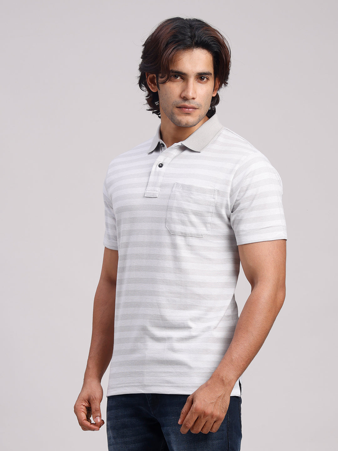 Classic Polo Men's Half Sleeve Light Grey/White Polo Neck Authentic Fit Striped Cotton Blend T-Shirt | LTS-STR - 107 A AF P