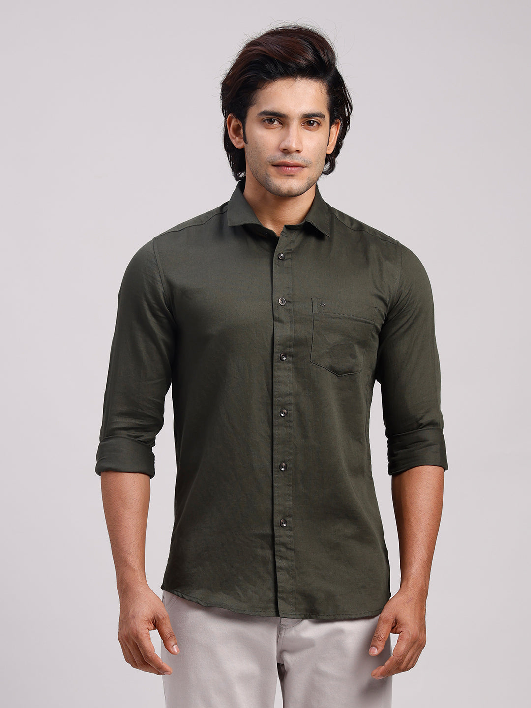 Classic Polo Men's Full Sleeve Dark Olive Polo Neck Slim Fit Solid Cotton Casual Shirt | SR1-GN-10 C-FS-SLD-SF