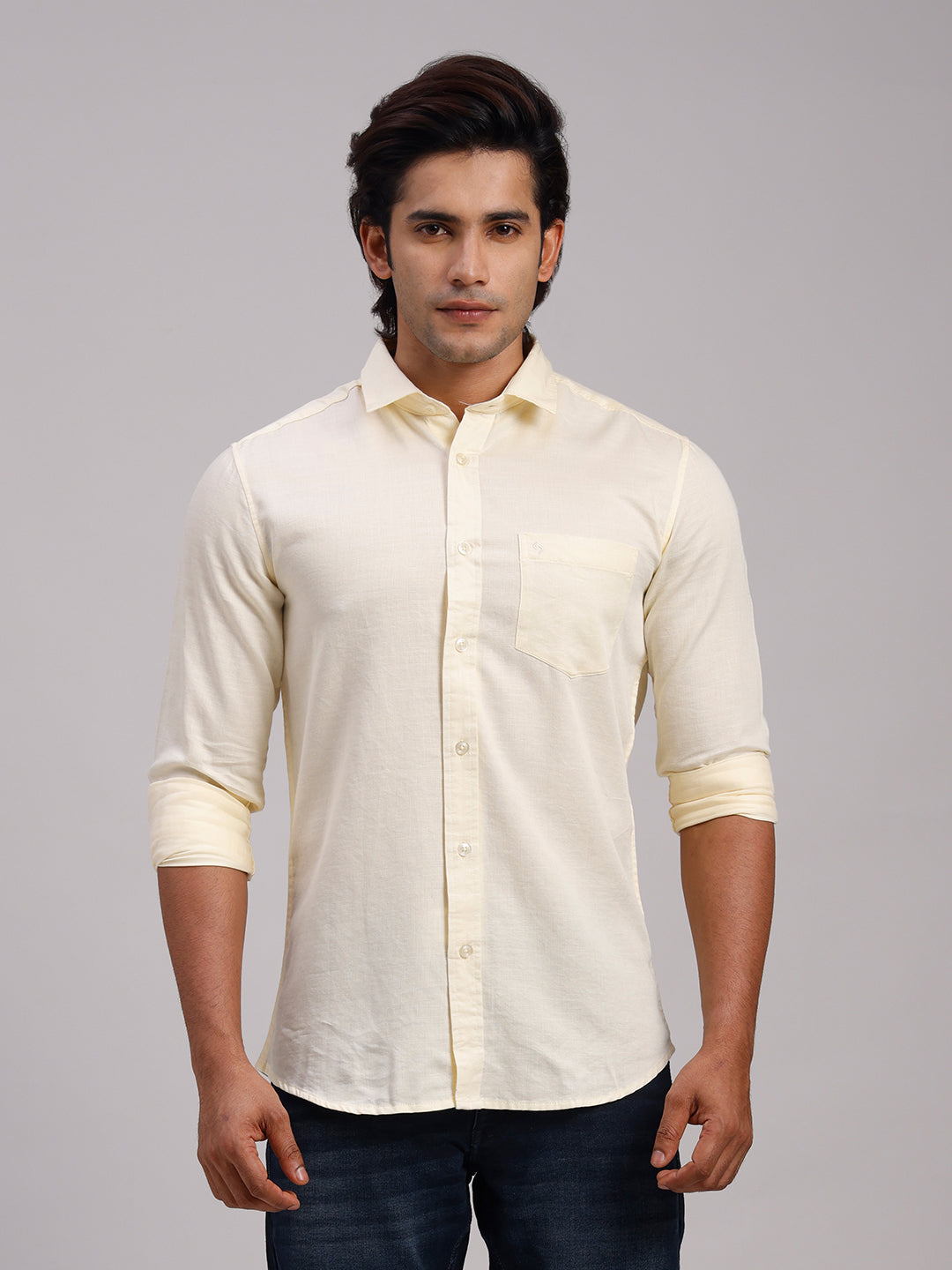 Classic Polo Men's Full Sleeve Yellow Polo Neck Slim Fit Solid Cotton Casual Shirt | SR1-GN-10 B-FS-SLD-SF