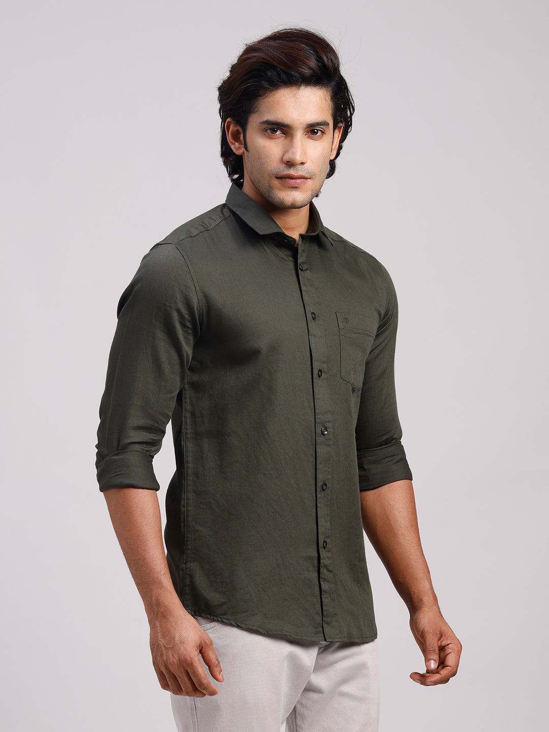 Classic Polo Men's Full Sleeve Dark Olive Polo Neck Slim Fit Solid Cotton Casual Shirt | SR1-GN-10 C-FS-SLD-SF