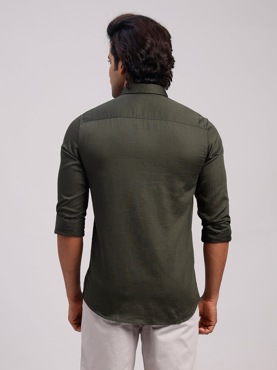 Classic Polo Men's Full Sleeve Dark Olive Polo Neck Slim Fit Solid Cotton Casual Shirt | SR1-GN-10 C-FS-SLD-SF