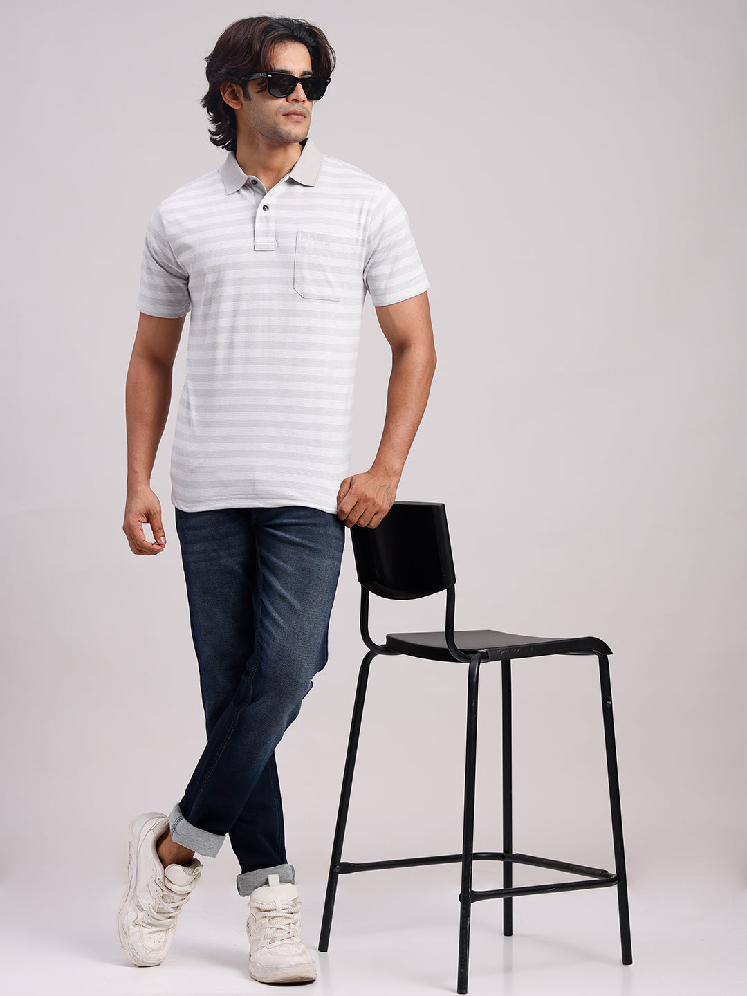 Classic Polo Men's Half Sleeve Light Grey/White Polo Neck Authentic Fit Striped Cotton Blend T-Shirt | LTS-STR - 107 A AF P