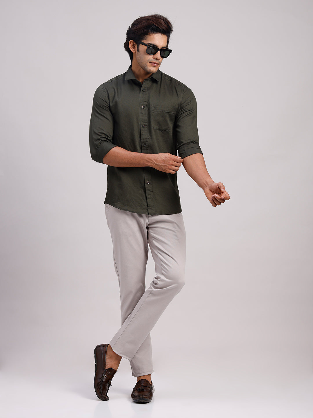 Classic Polo Men's Full Sleeve Dark Olive Polo Neck Slim Fit Solid Cotton Casual Shirt | SR1-GN-10 C-FS-SLD-SF